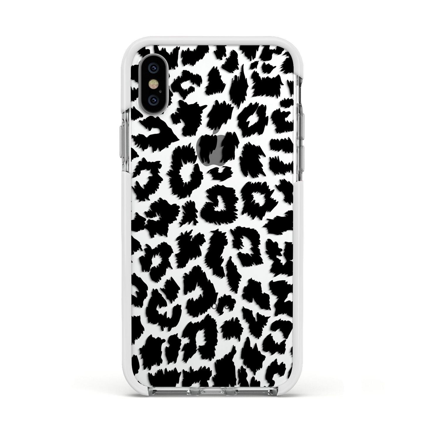 Black White Leopard Print Apple iPhone Xs Impact Case White Edge on Silver Phone