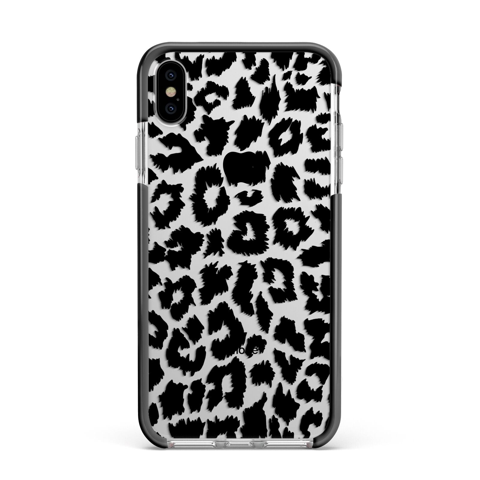 Black White Leopard Print Apple iPhone Xs Max Impact Case Black Edge on Silver Phone