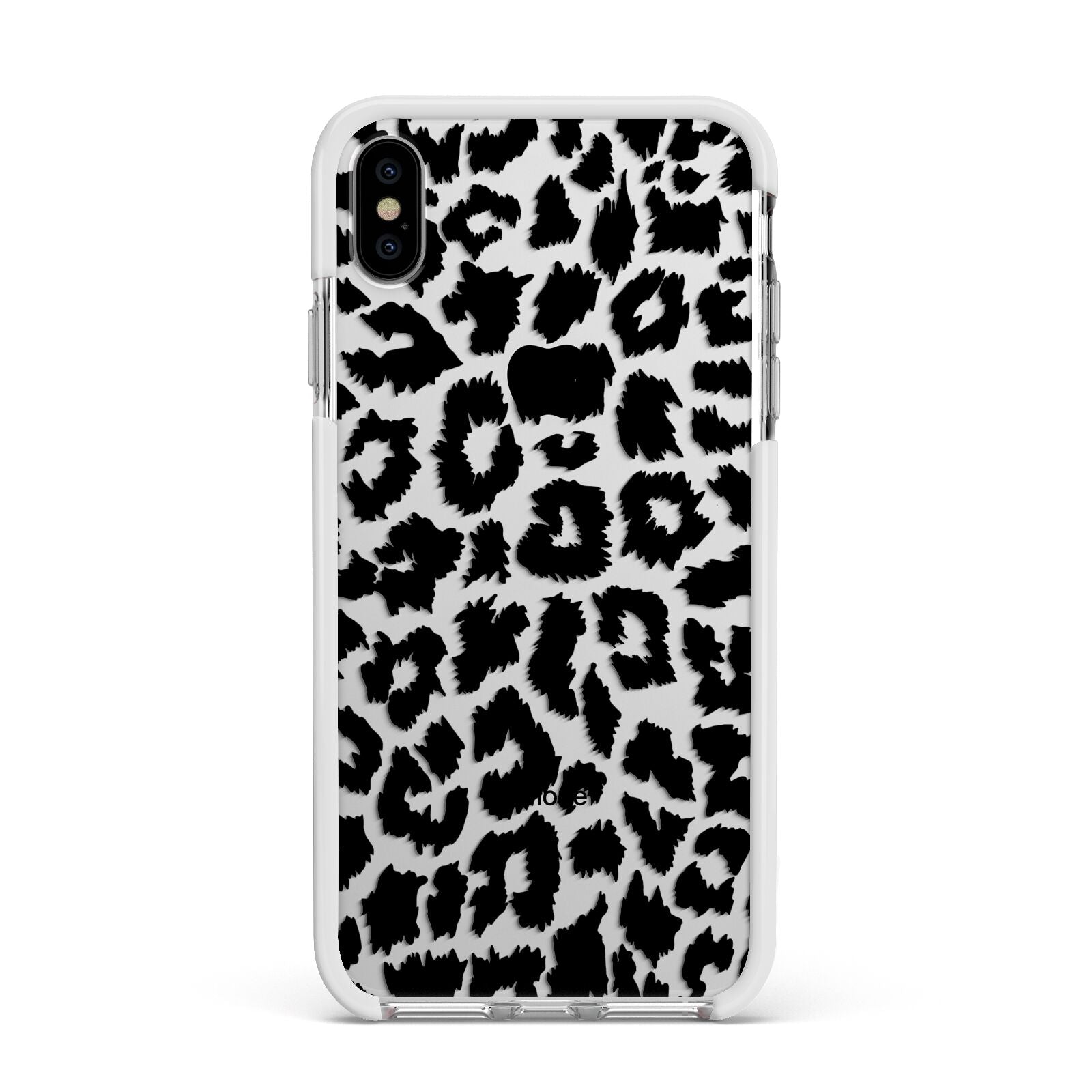 Black White Leopard Print Apple iPhone Xs Max Impact Case White Edge on Silver Phone