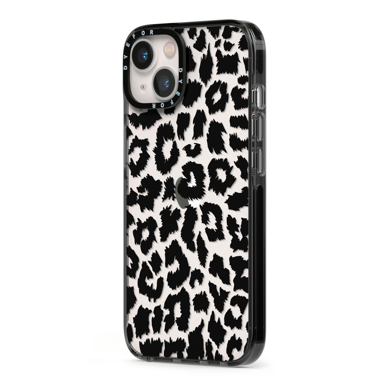 Black White Leopard Print iPhone 13 Black Impact Case Side Angle on Silver phone