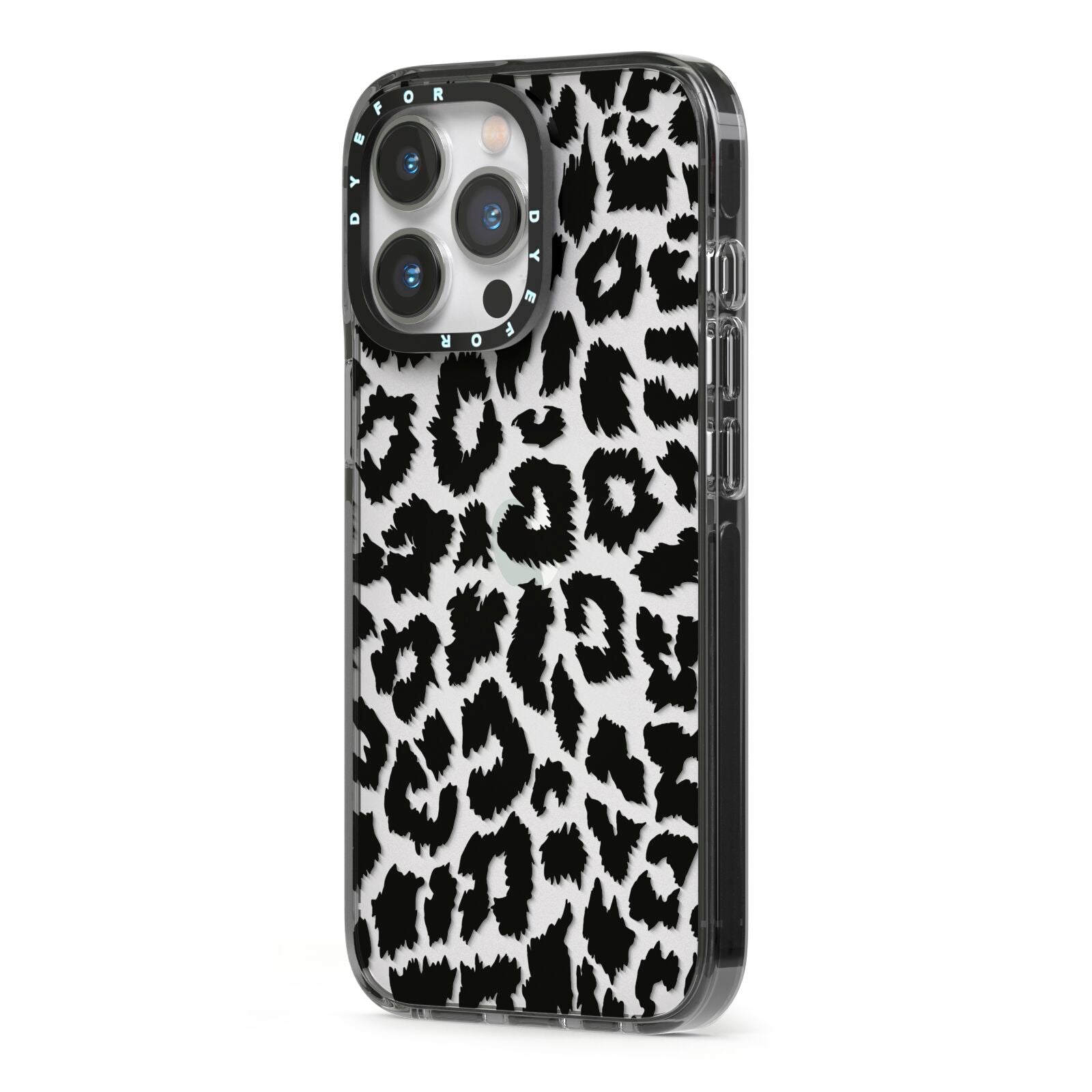 Black White Leopard Print iPhone 13 Pro Black Impact Case Side Angle on Silver phone