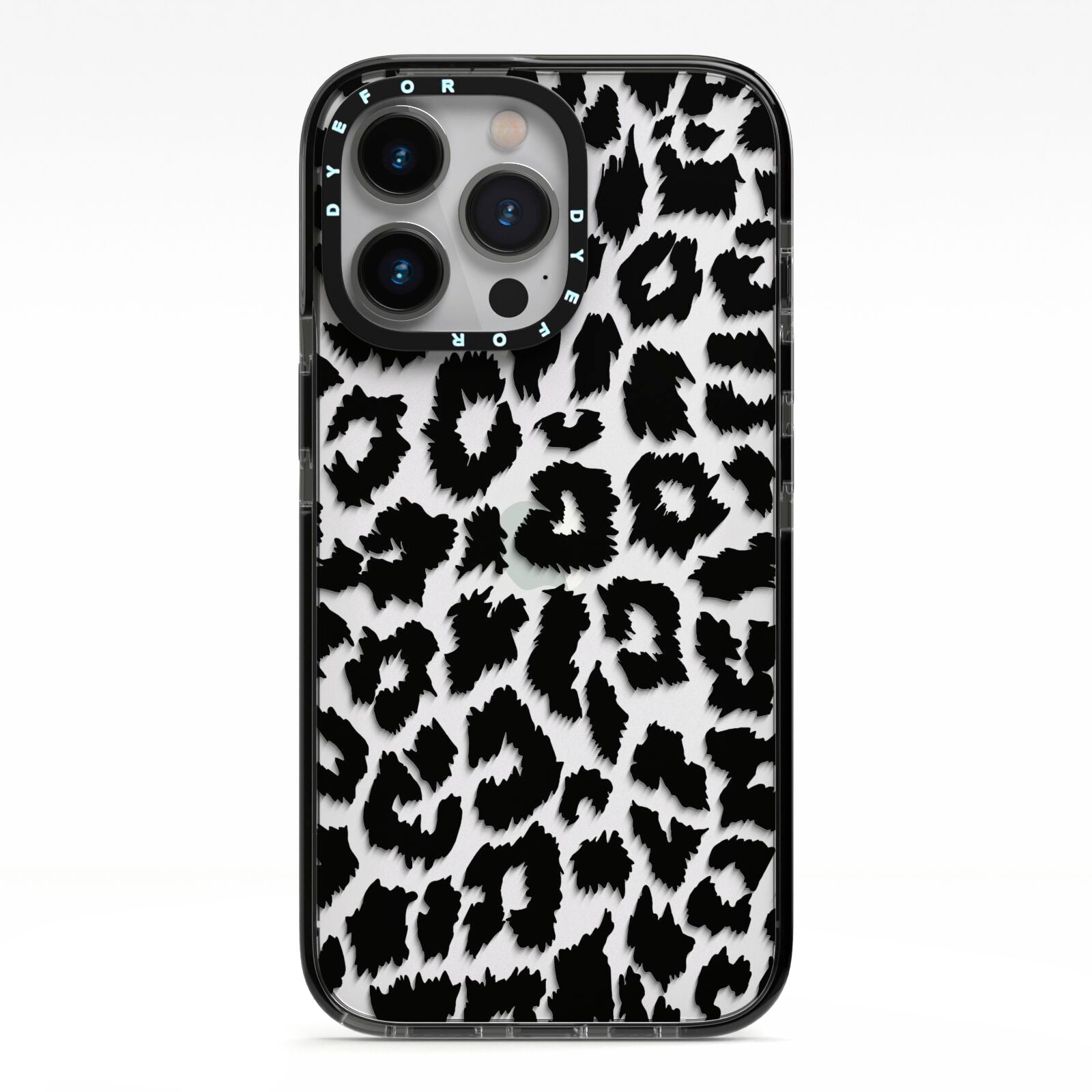 Black White Leopard Print iPhone 13 Pro Black Impact Case on Silver phone