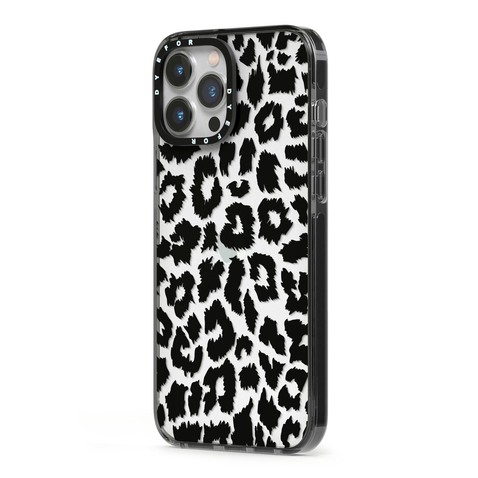 Black White Leopard Print iPhone 13 Pro Max Black Impact Case Side Angle on Silver phone