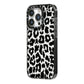 Black White Leopard Print iPhone 14 Pro Black Impact Case Side Angle on Silver phone