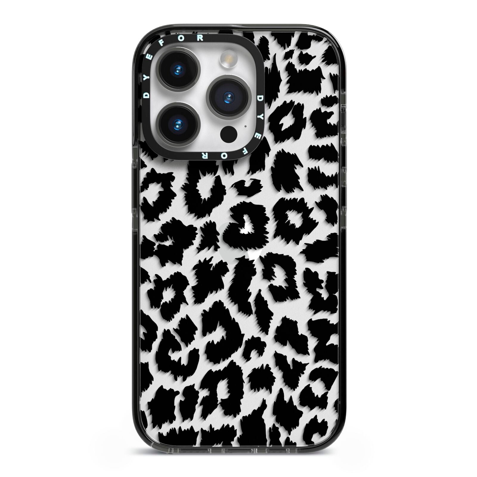 Black White Leopard Print iPhone 14 Pro Black Impact Case on Silver phone