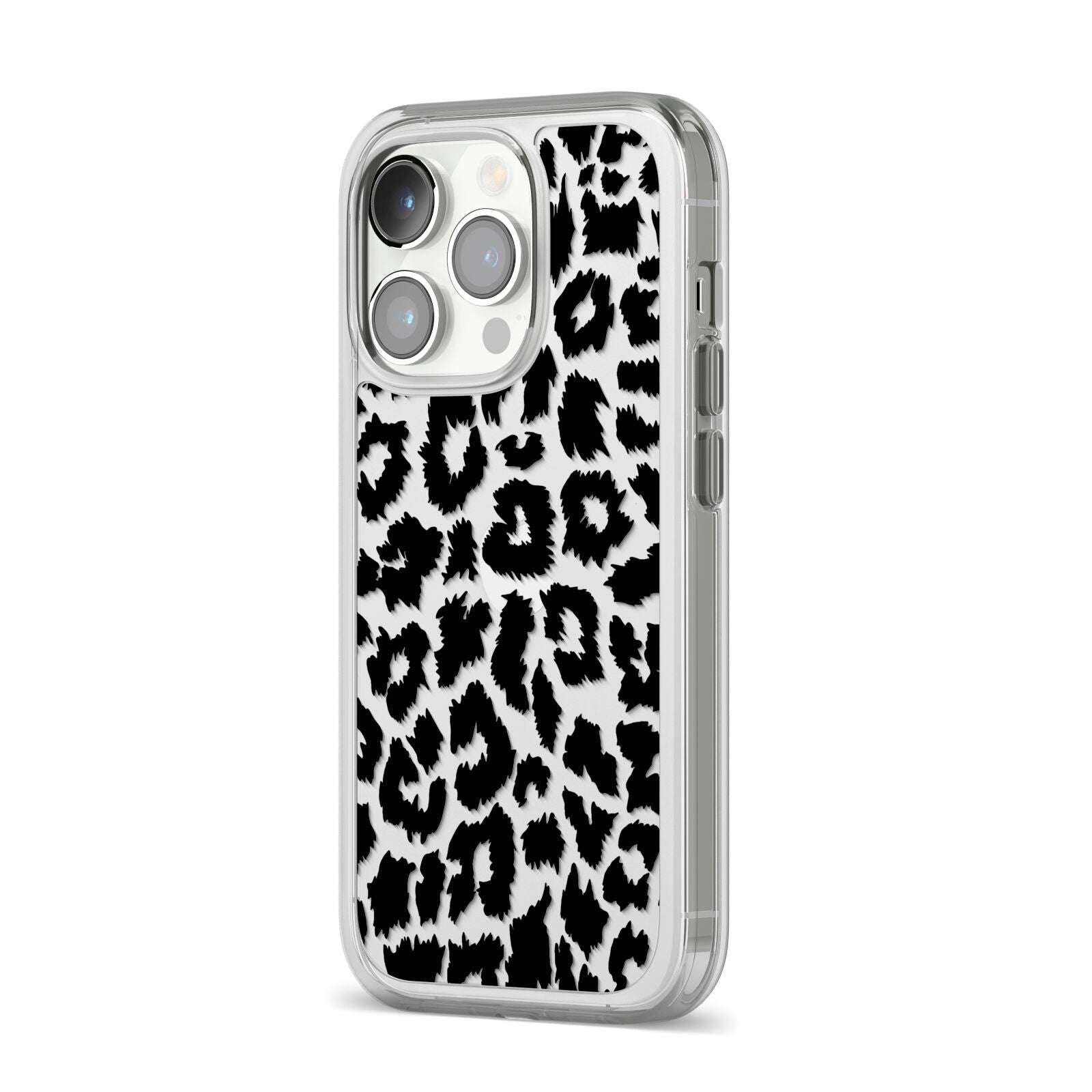 Black White Leopard Print iPhone 14 Pro Clear Tough Case Silver Angled Image