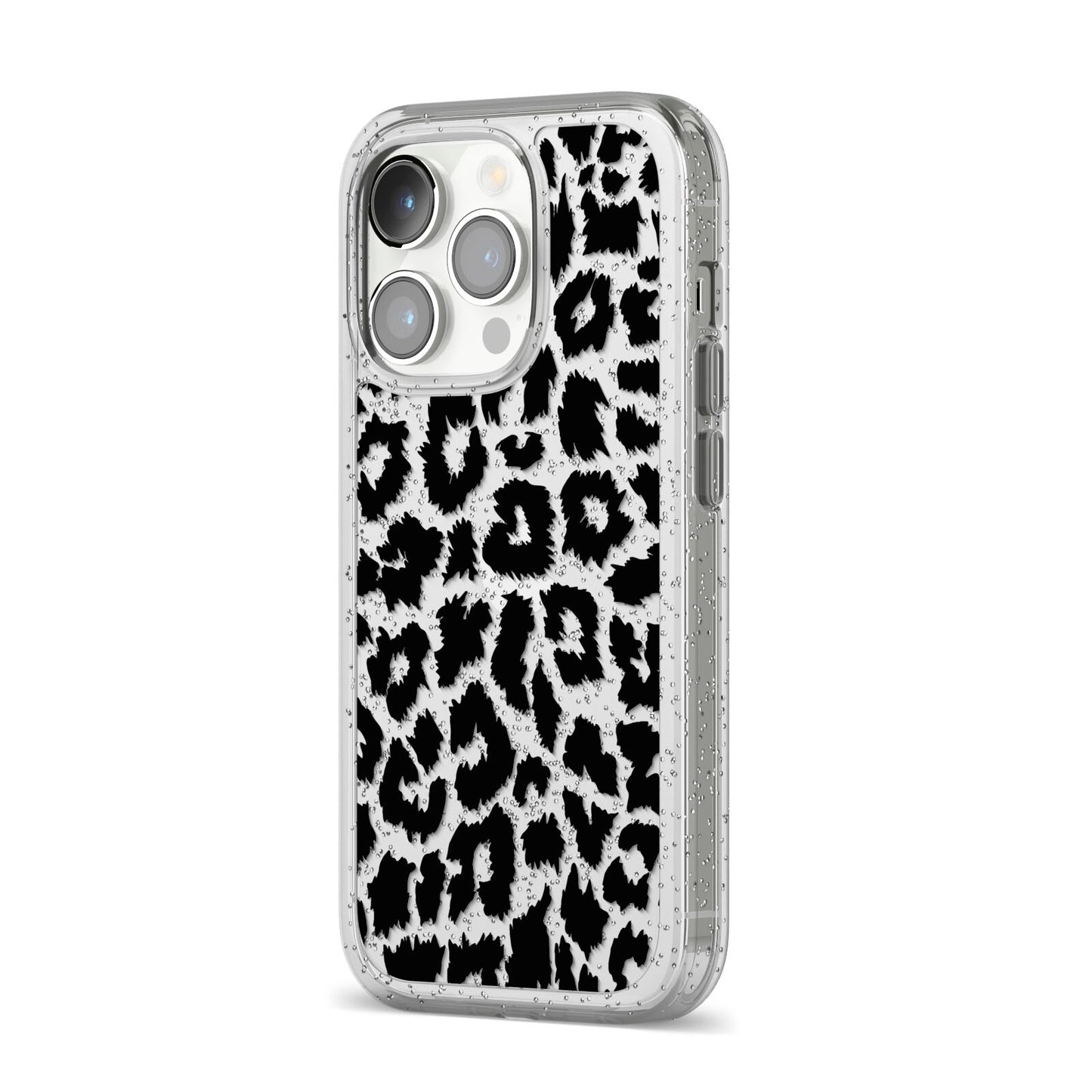 Black White Leopard Print iPhone 14 Pro Glitter Tough Case Silver Angled Image