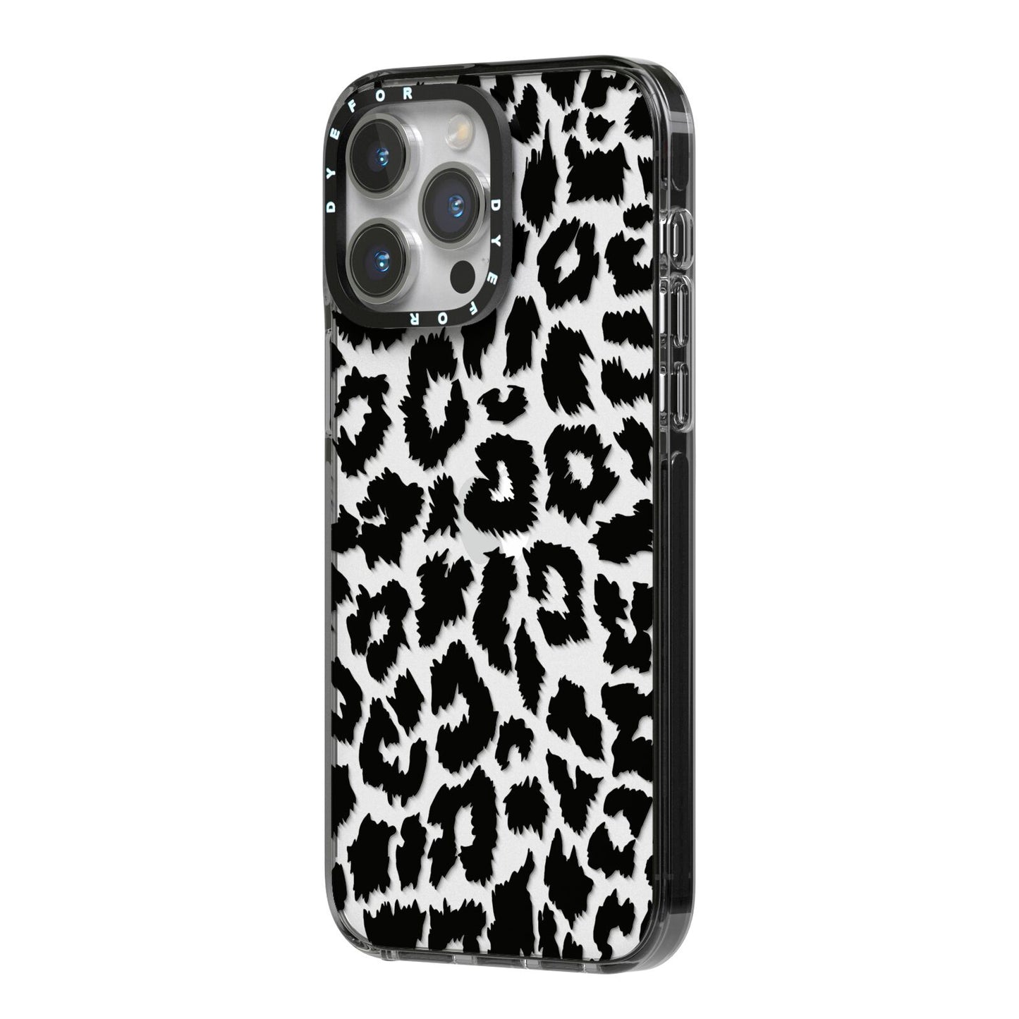 Black White Leopard Print iPhone 14 Pro Max Black Impact Case Side Angle on Silver phone