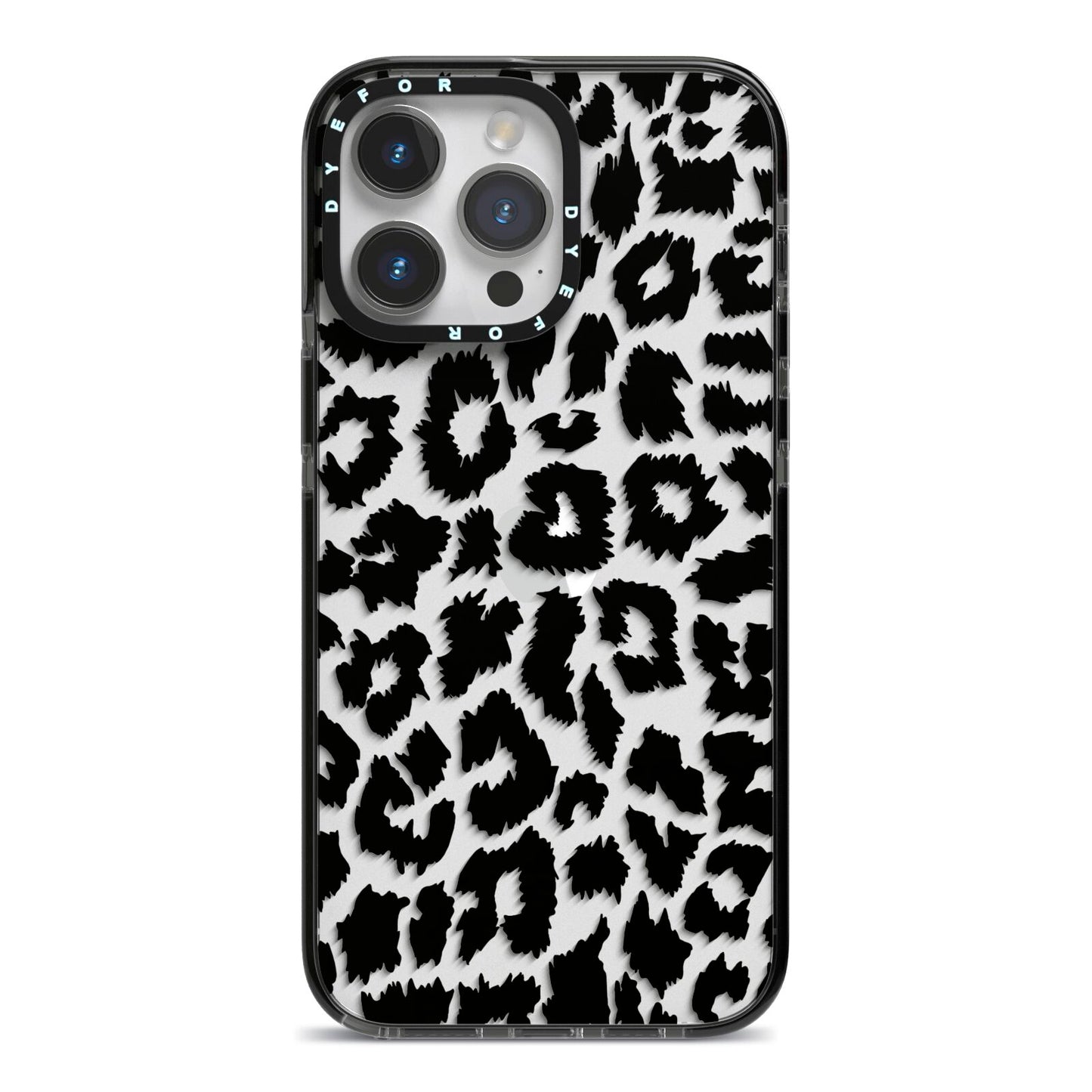 Black White Leopard Print iPhone 14 Pro Max Black Impact Case on Silver phone