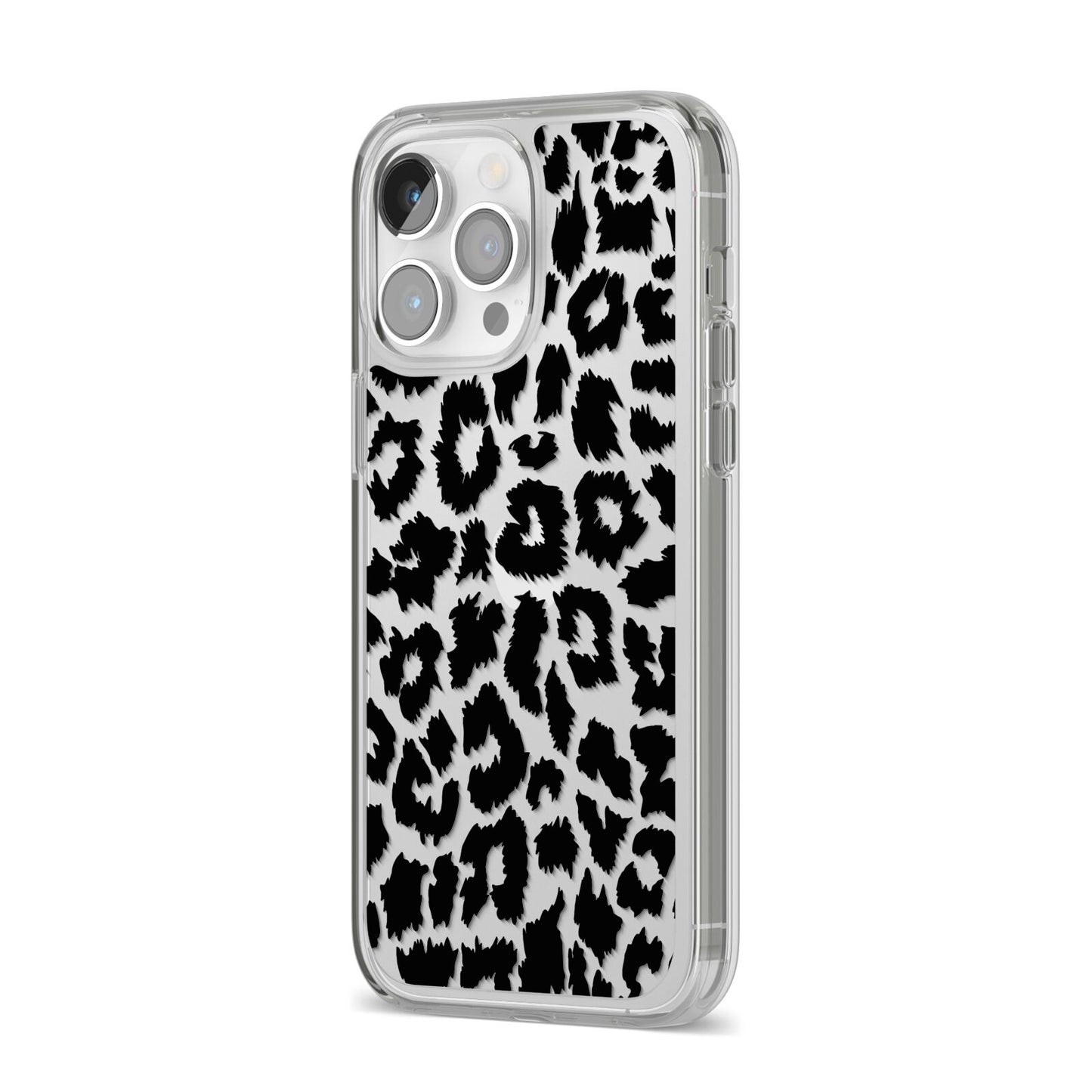 Black White Leopard Print iPhone 14 Pro Max Clear Tough Case Silver Angled Image