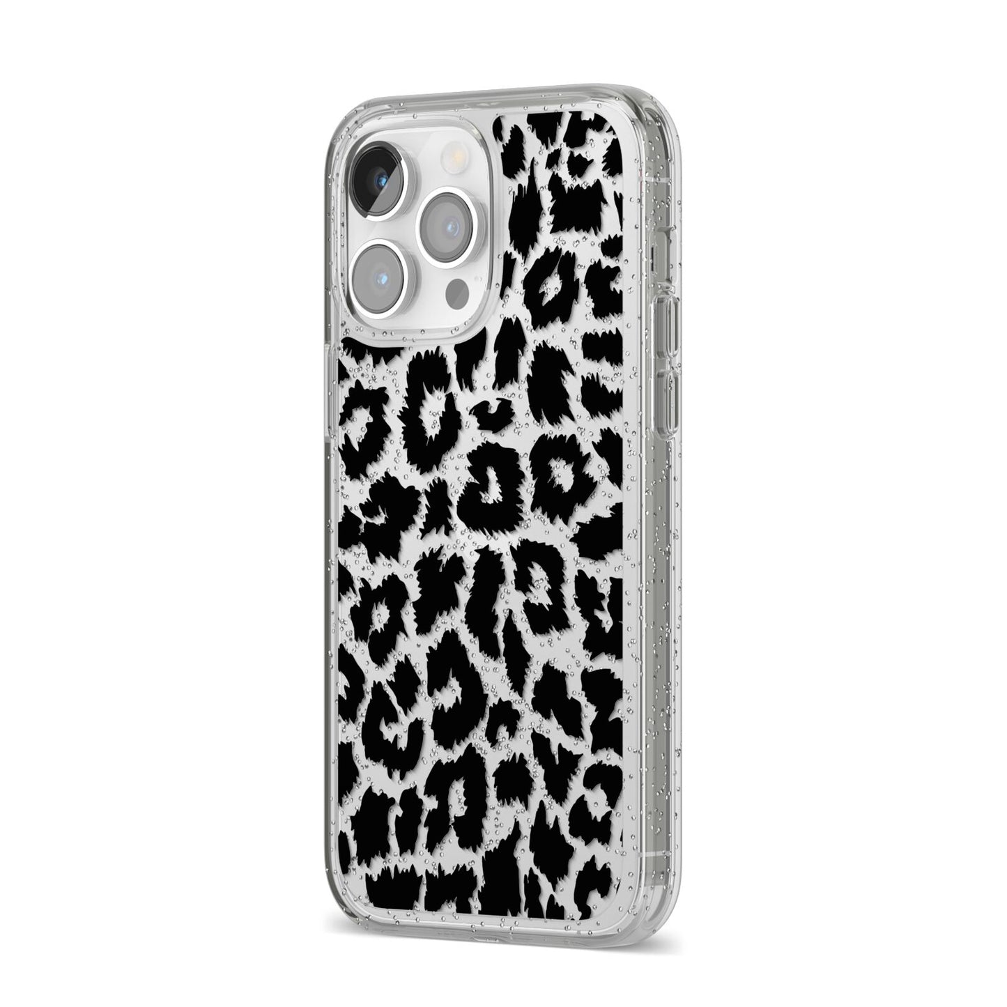 Black White Leopard Print iPhone 14 Pro Max Glitter Tough Case Silver Angled Image