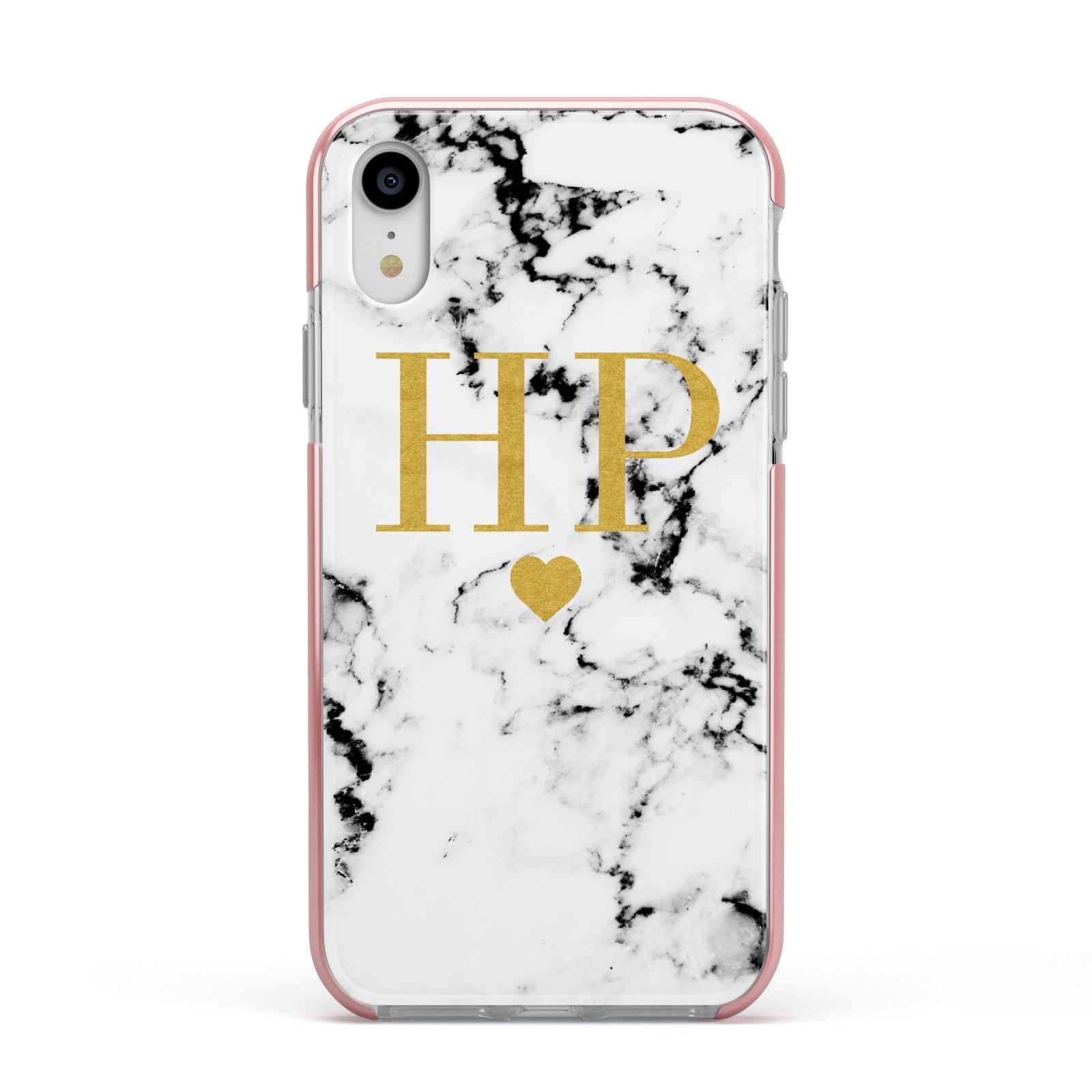 Black White Marble Gold Monogram Apple iPhone XR Impact Case Pink Edge on Silver Phone