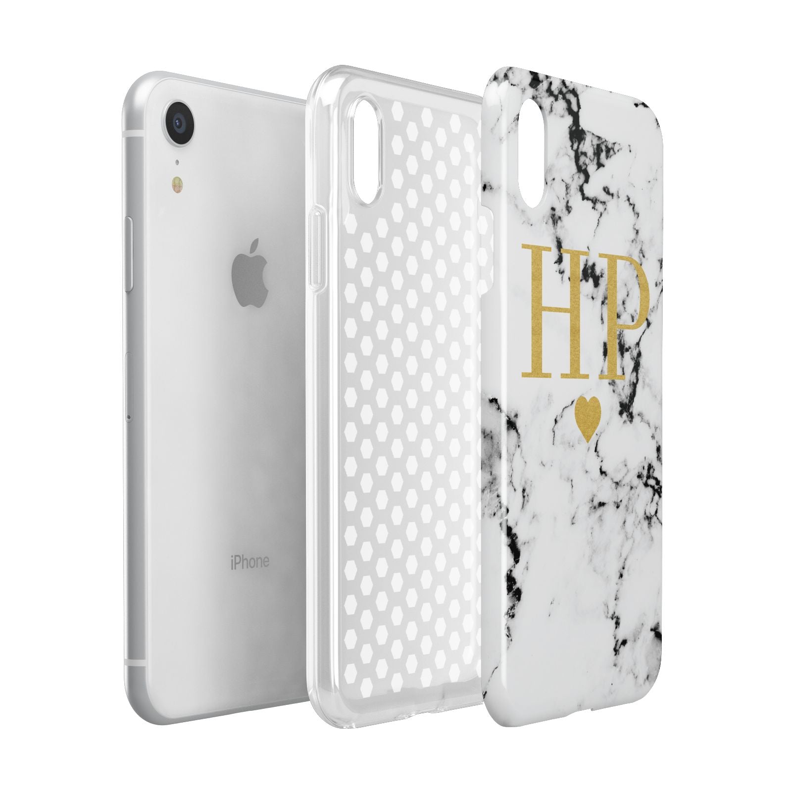 Black White Marble Gold Monogram Apple iPhone XR White 3D Tough Case Expanded view