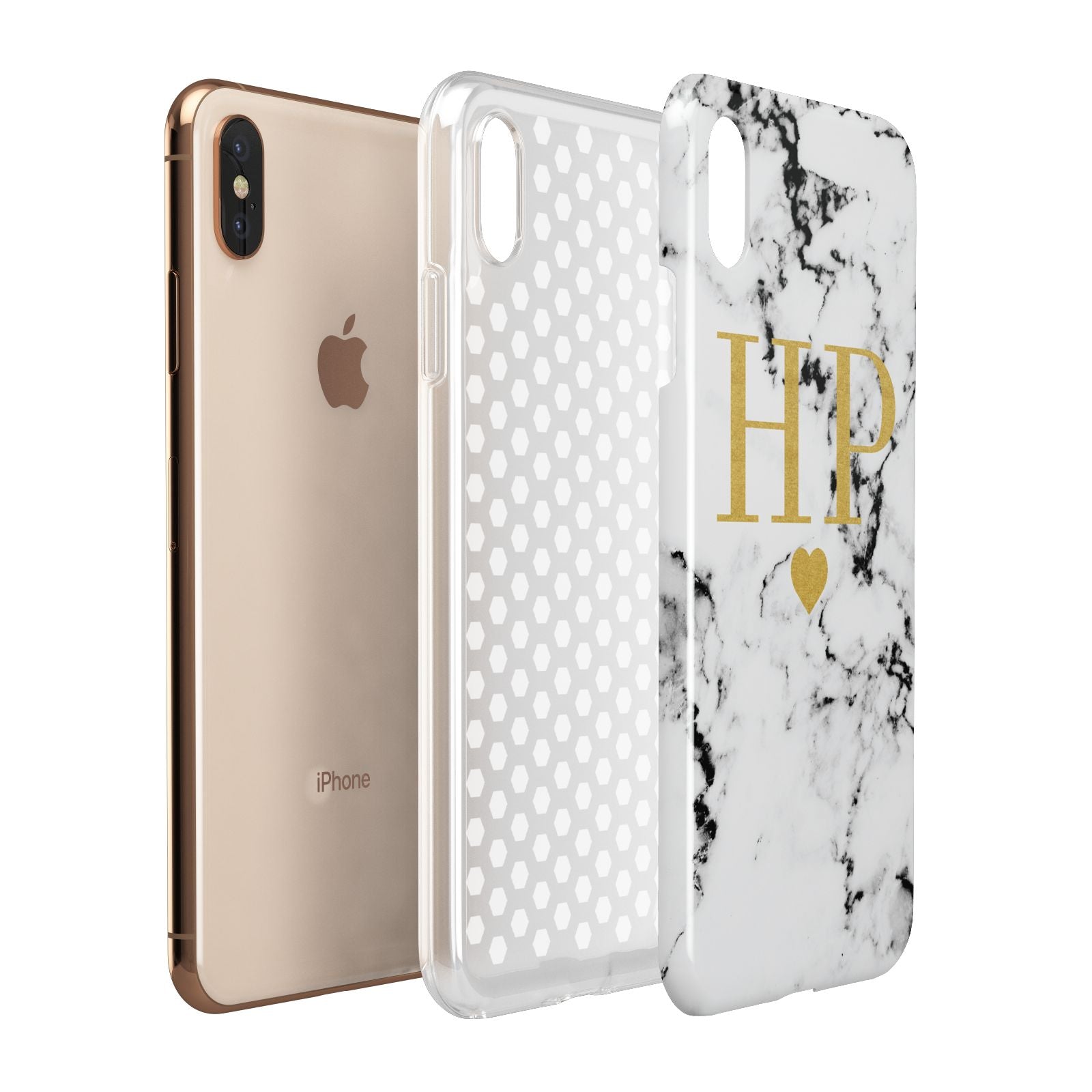 Black White Marble Gold Monogram Apple iPhone Xs Max 3D Tough Case Expanded View
