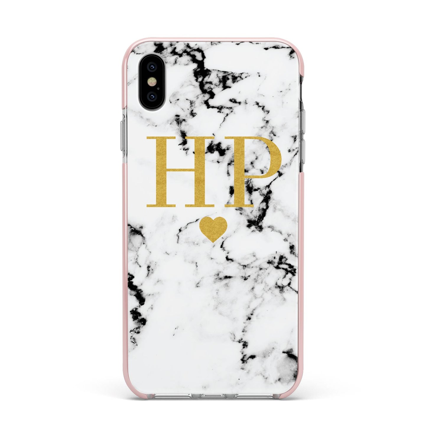 Black White Marble Gold Monogram Apple iPhone Xs Max Impact Case Pink Edge on Silver Phone
