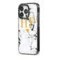 Black White Marble Gold Monogram iPhone 13 Pro Black Impact Case Side Angle on Silver phone