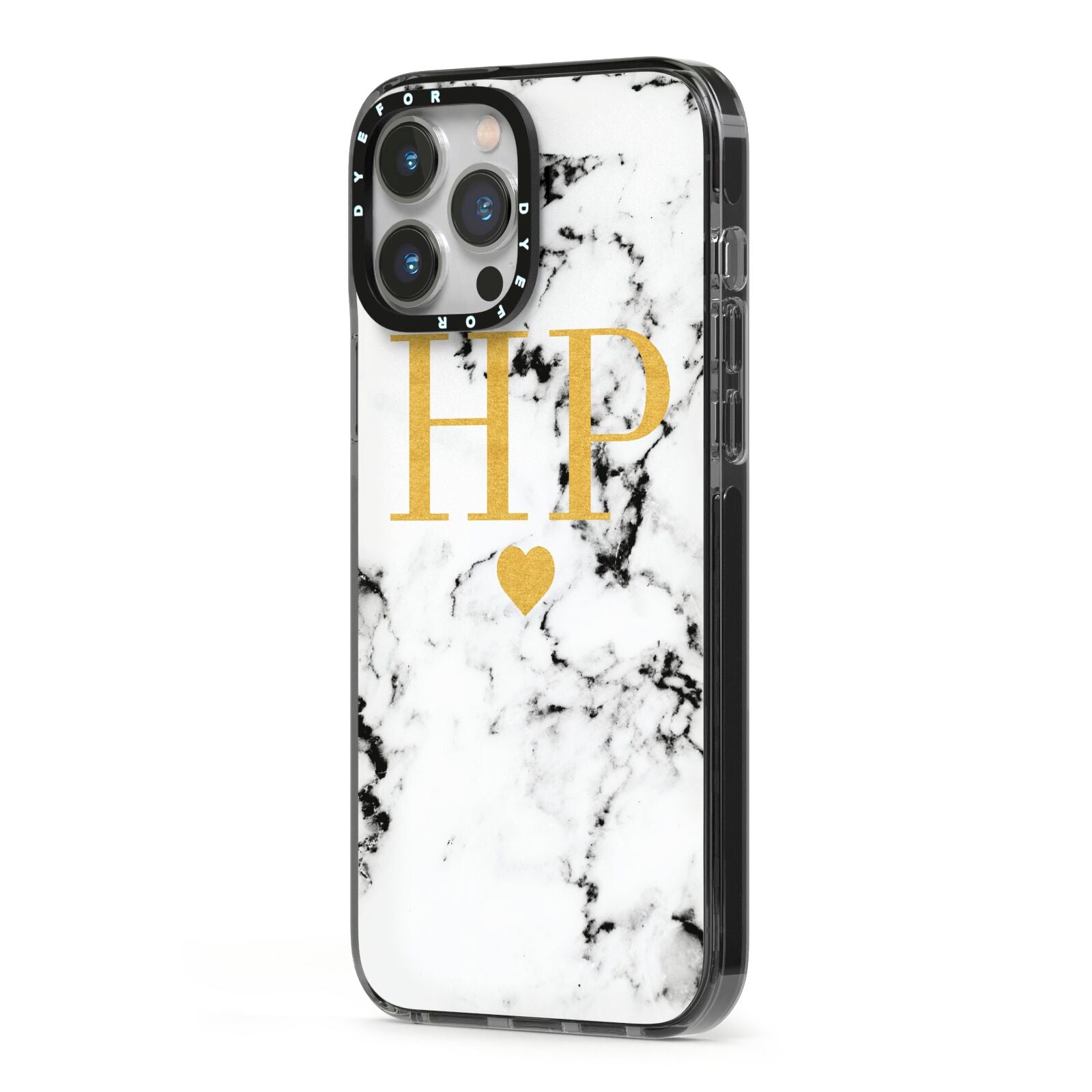 Black White Marble Gold Monogram iPhone 13 Pro Max Black Impact Case Side Angle on Silver phone