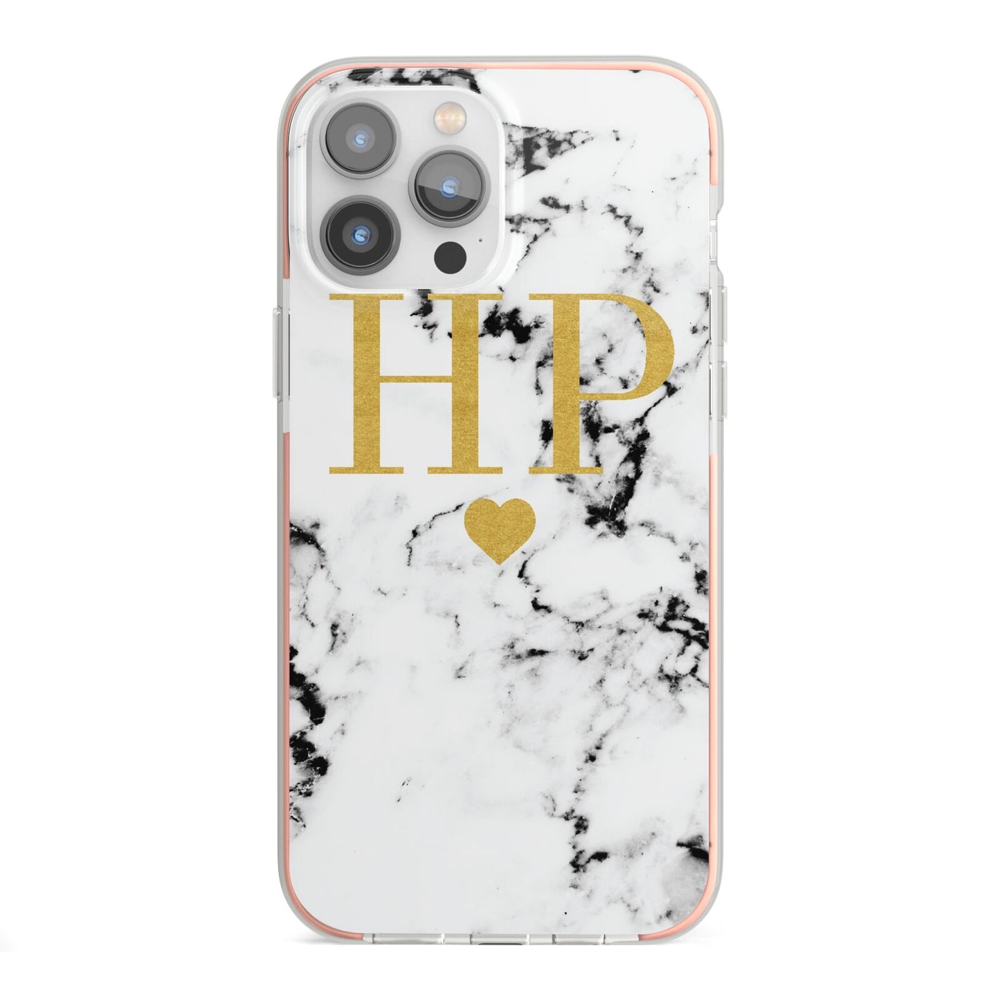 Black White Marble Gold Monogram iPhone 13 Pro Max TPU Impact Case with Pink Edges