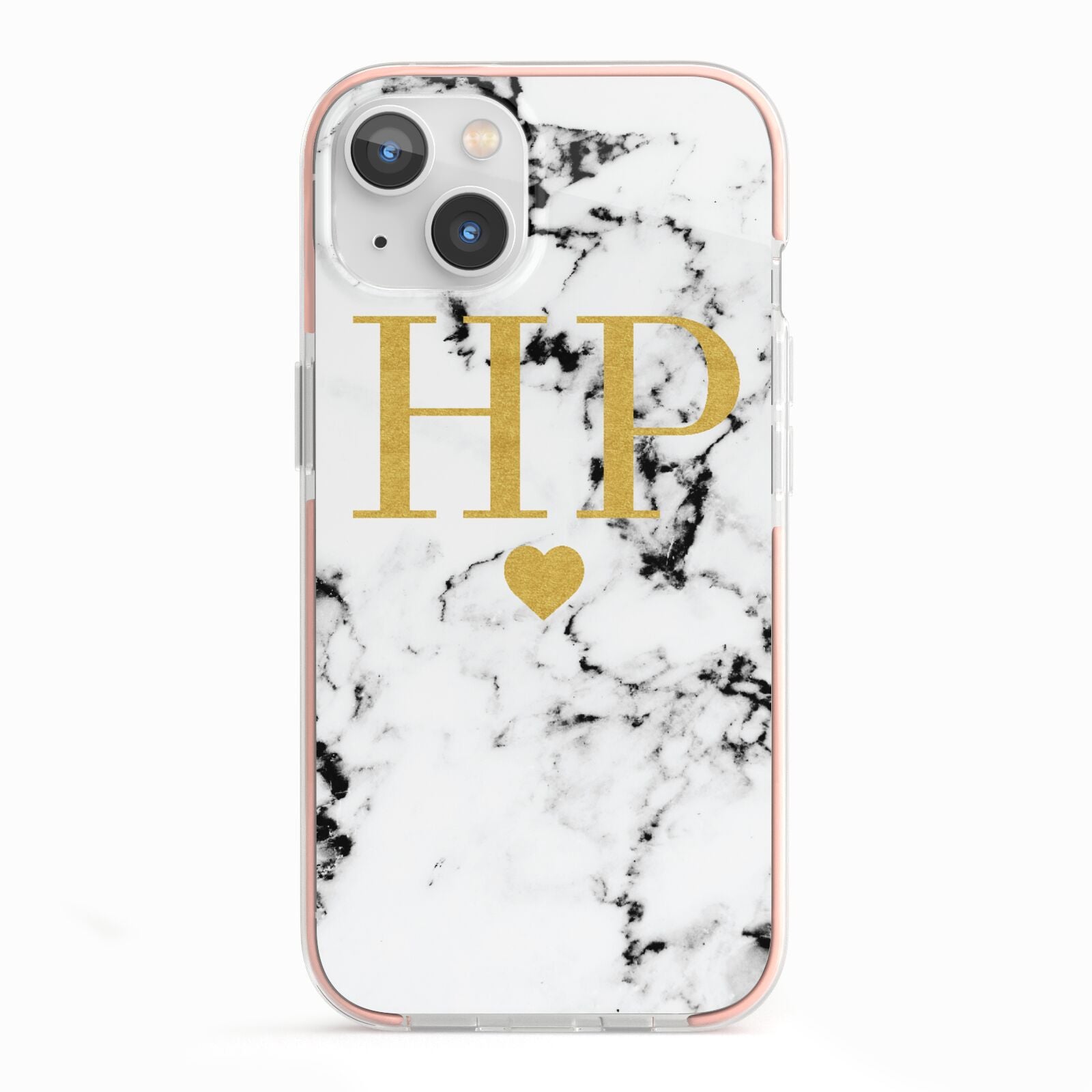 Black White Marble Gold Monogram iPhone 13 TPU Impact Case with Pink Edges