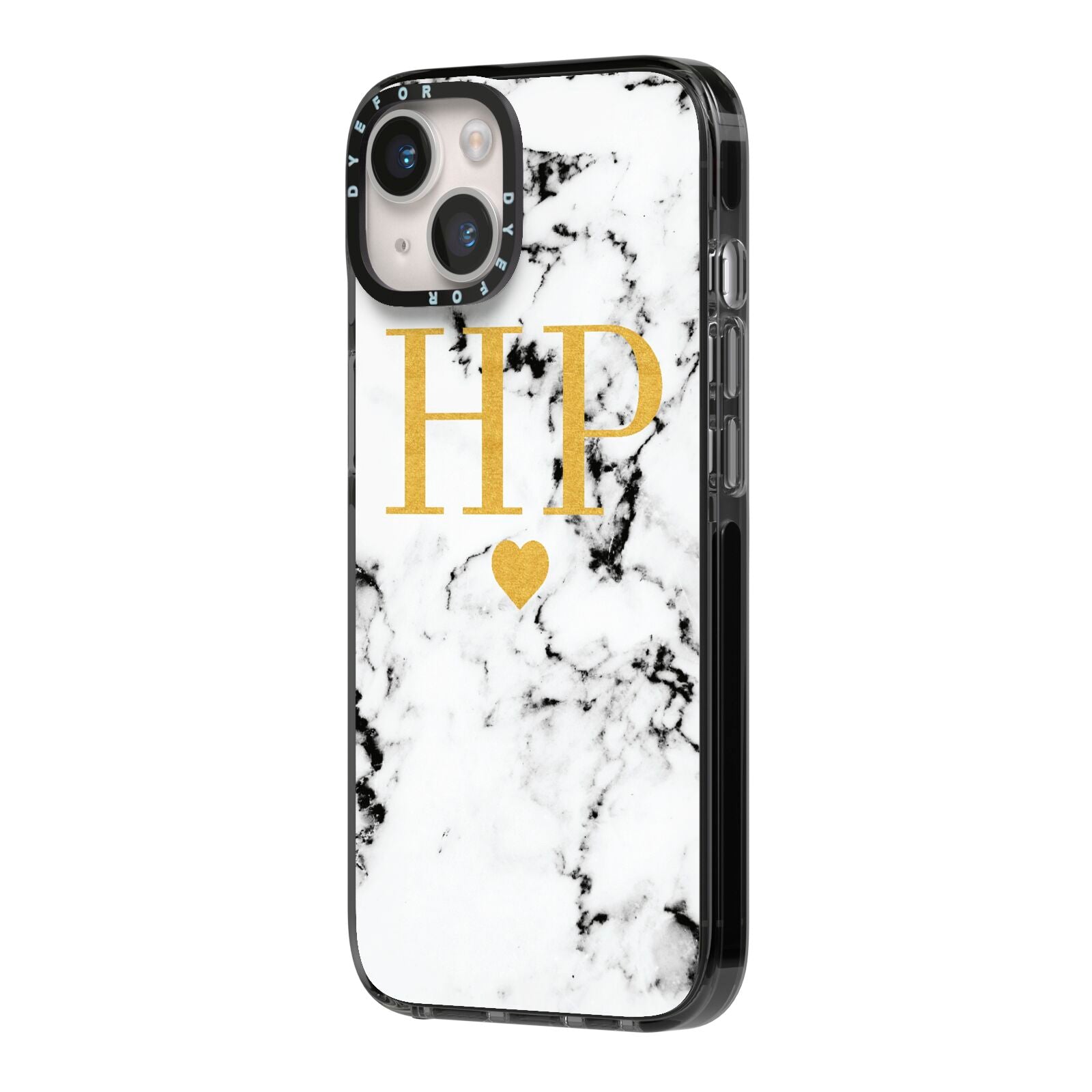 Black White Marble Gold Monogram iPhone 14 Black Impact Case Side Angle on Silver phone