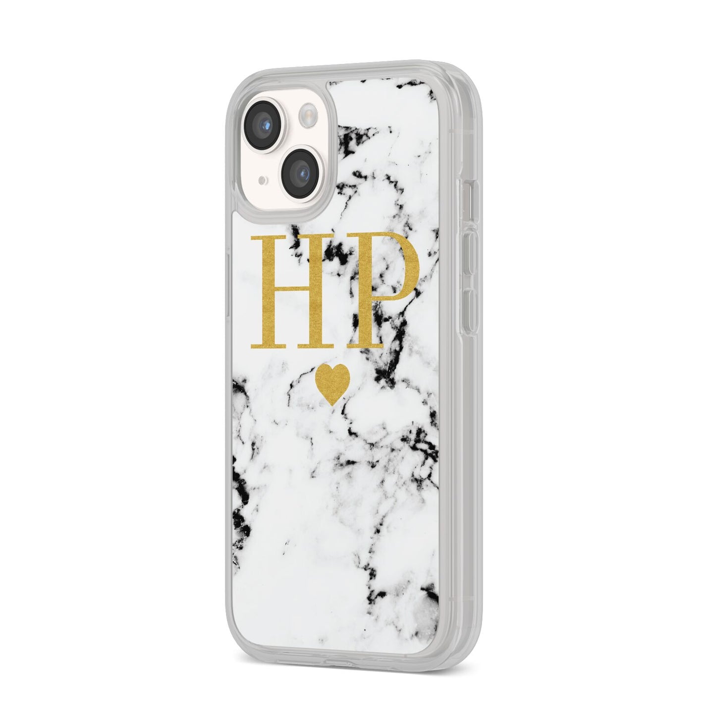 Black White Marble Gold Monogram iPhone 14 Clear Tough Case Starlight Angled Image