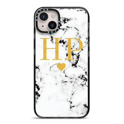 Black White Marble Gold Monogram iPhone 14 Plus Black Impact Case on Silver phone