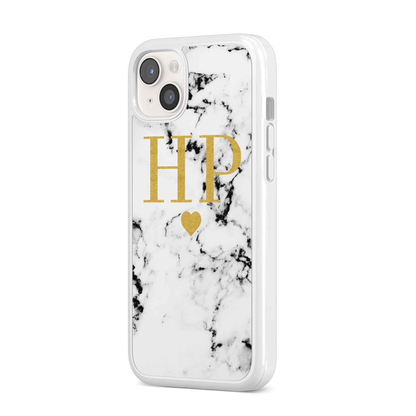 Black White Marble Gold Monogram iPhone 14 Plus Clear Tough Case Starlight Angled Image