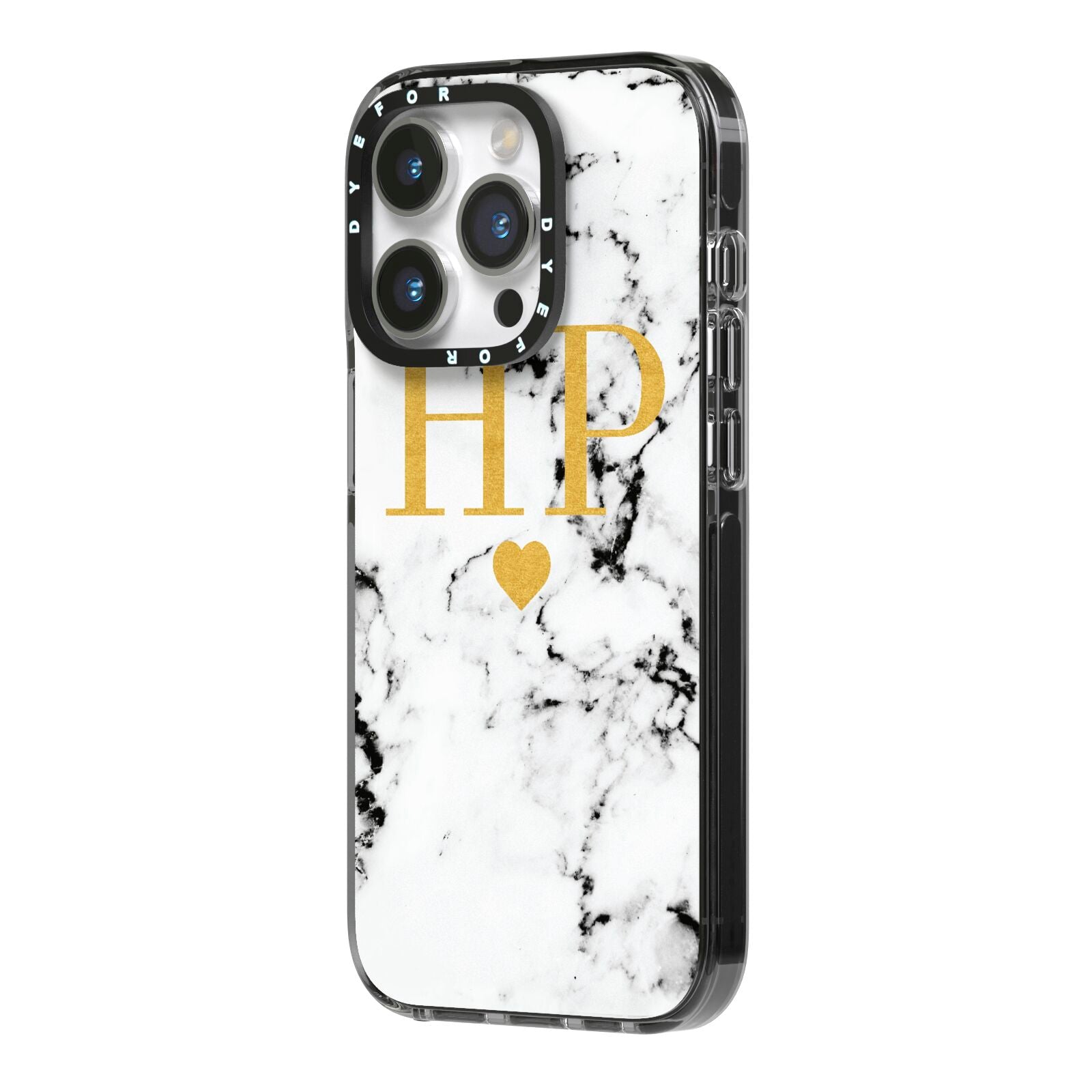 Black White Marble Gold Monogram iPhone 14 Pro Black Impact Case Side Angle on Silver phone