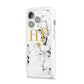 Black White Marble Gold Monogram iPhone 14 Pro Clear Tough Case Silver Angled Image
