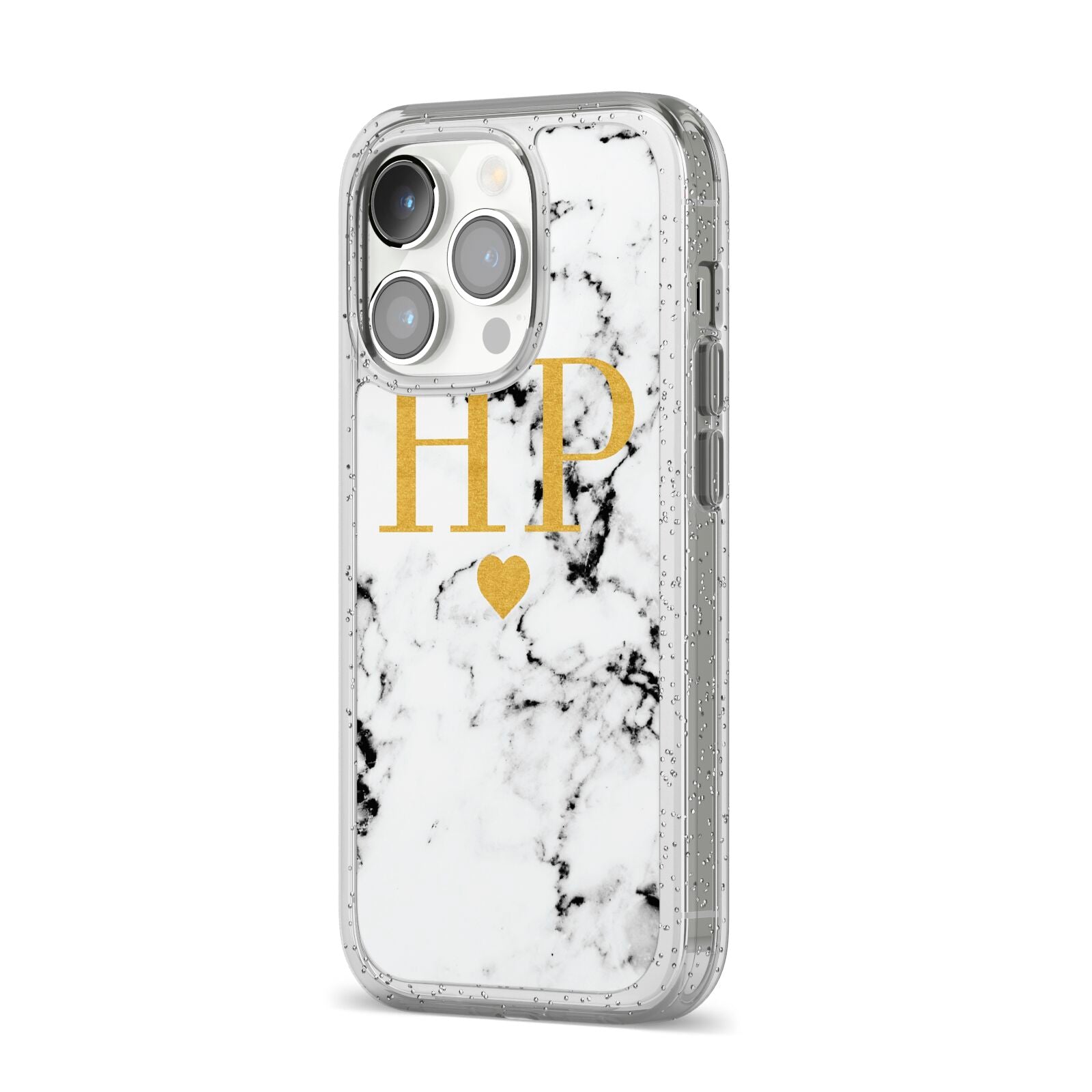 Black White Marble Gold Monogram iPhone 14 Pro Glitter Tough Case Silver Angled Image