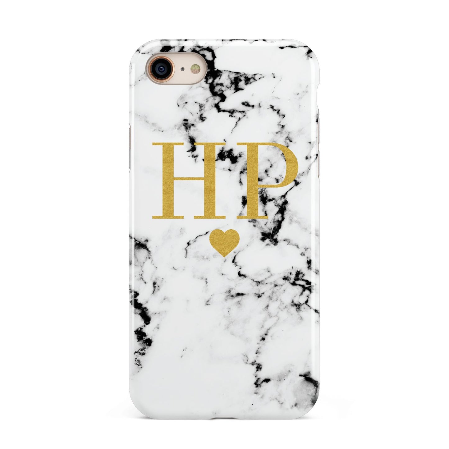 Black White Marble Gold Monogram iPhone 8 3D Tough Case on Gold Phone