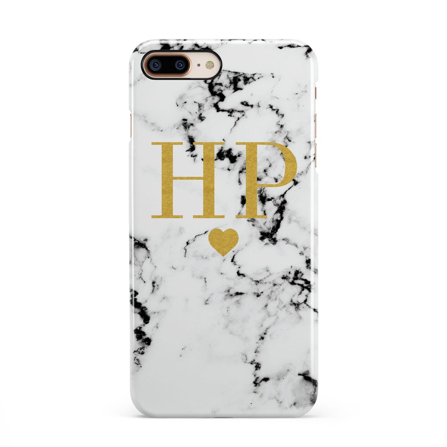 Black White Marble Gold Monogram iPhone 8 Plus 3D Snap Case on Gold Phone