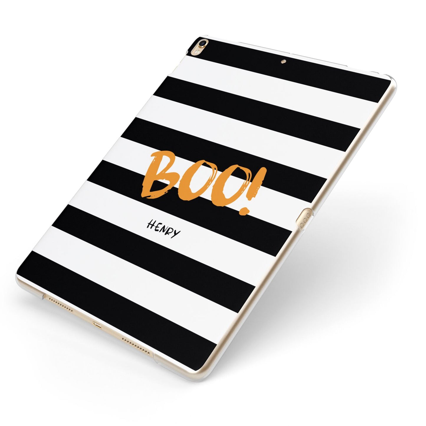 Black White Striped Boo Apple iPad Case on Gold iPad Side View