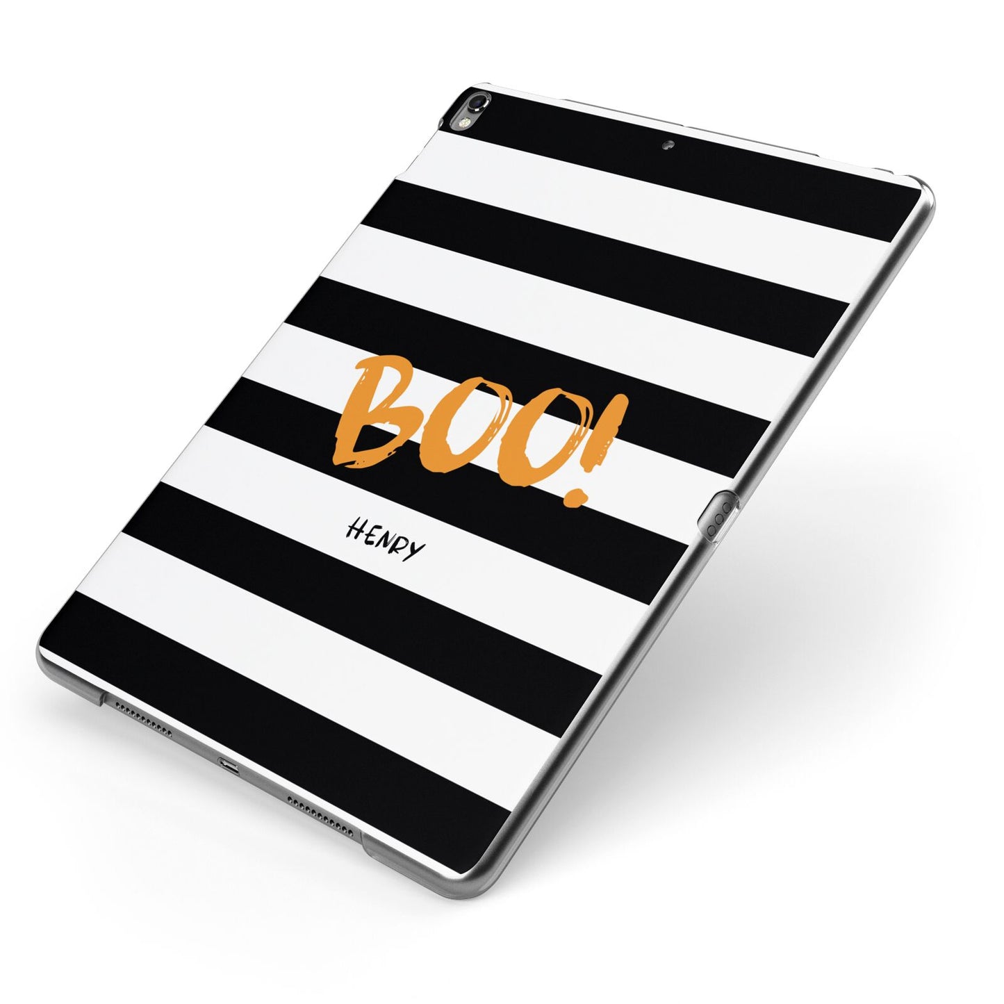 Black White Striped Boo Apple iPad Case on Grey iPad Side View