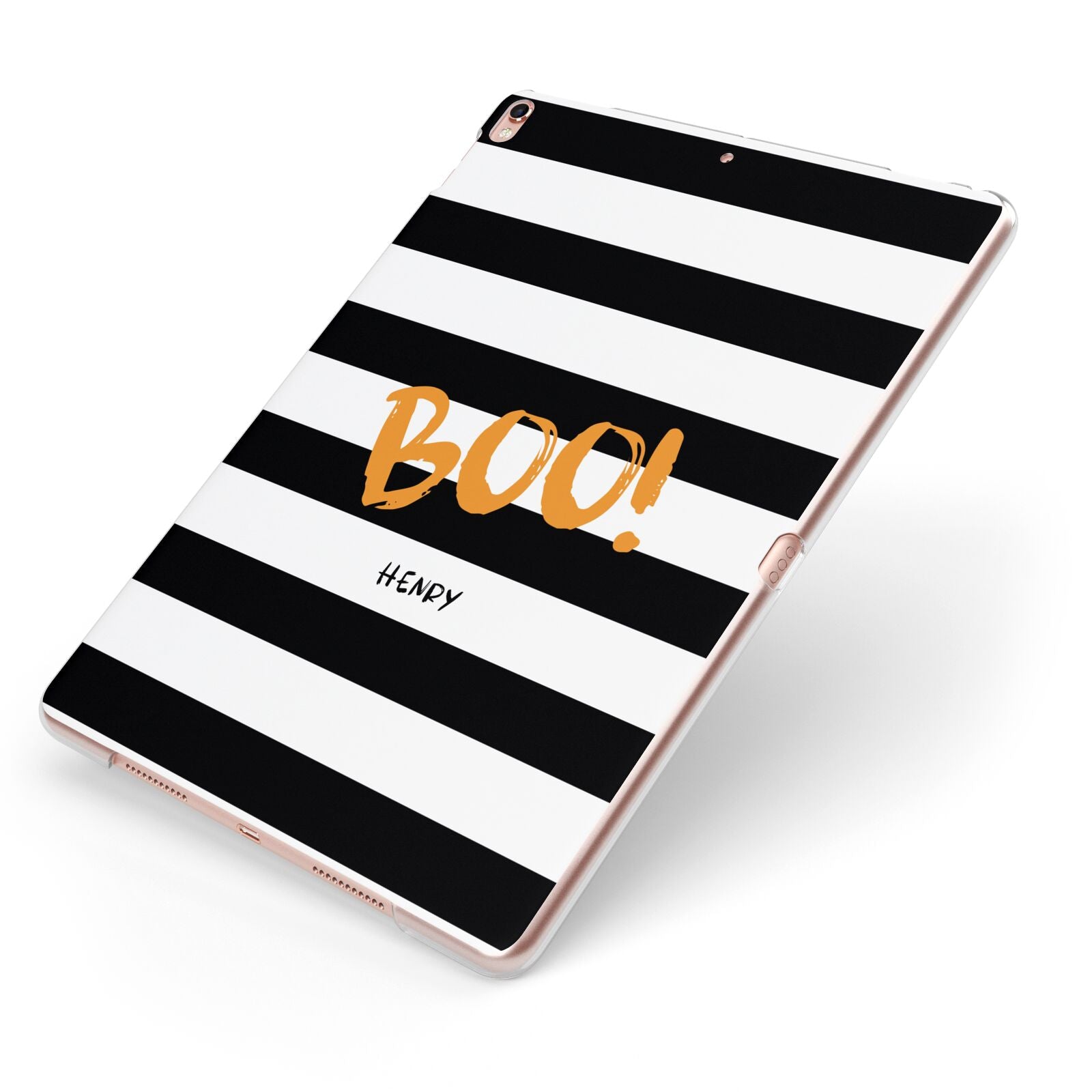 Black White Striped Boo Apple iPad Case on Rose Gold iPad Side View