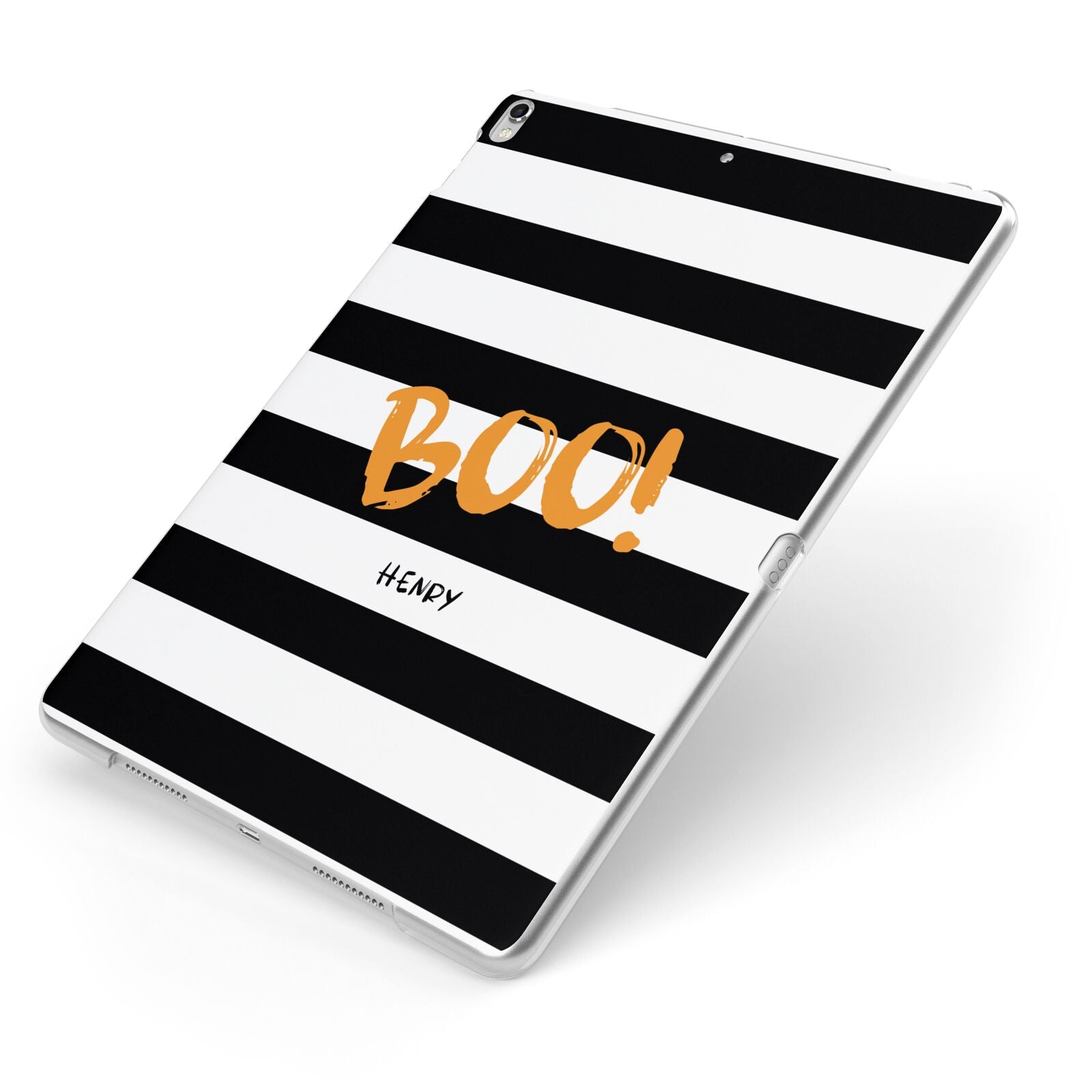 Black White Striped Boo Apple iPad Case on Silver iPad Side View