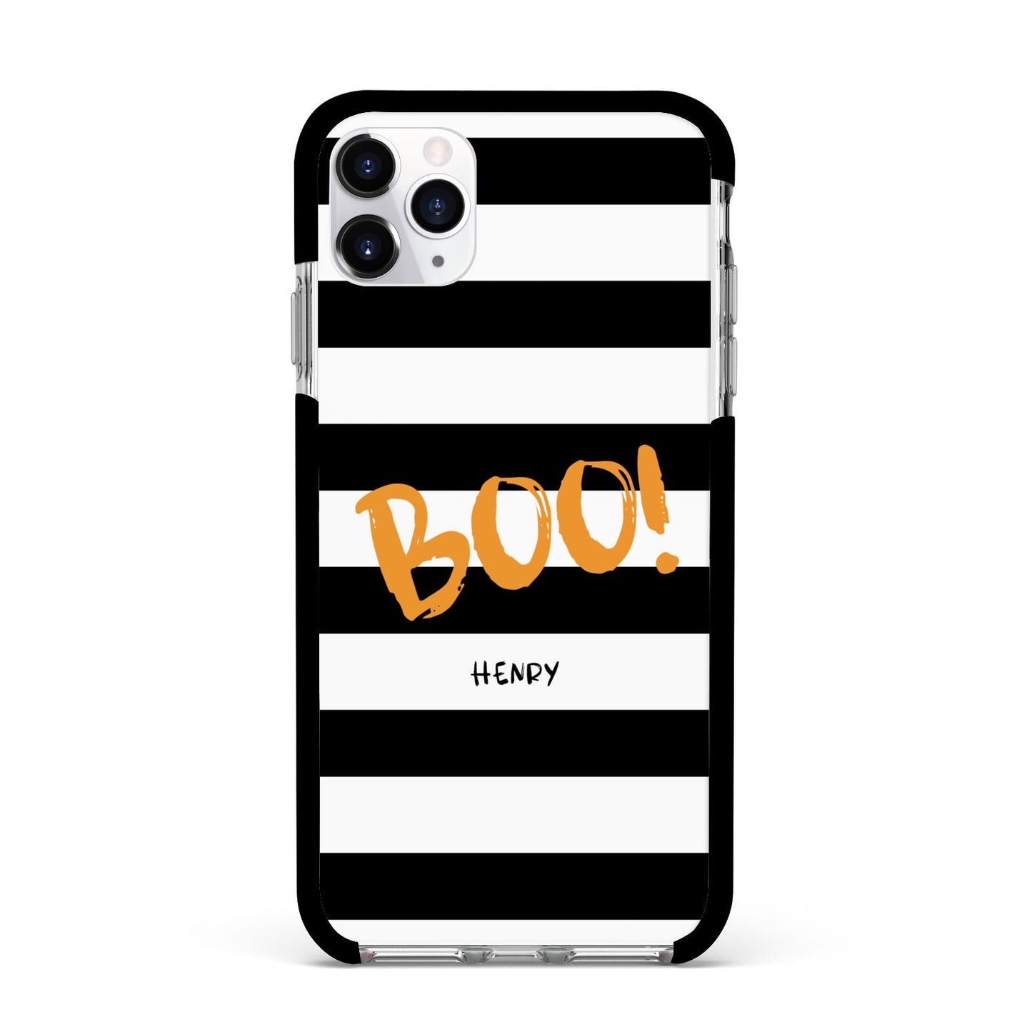 Black White Striped Boo Apple iPhone 11 Pro Max in Silver with Black Impact Case