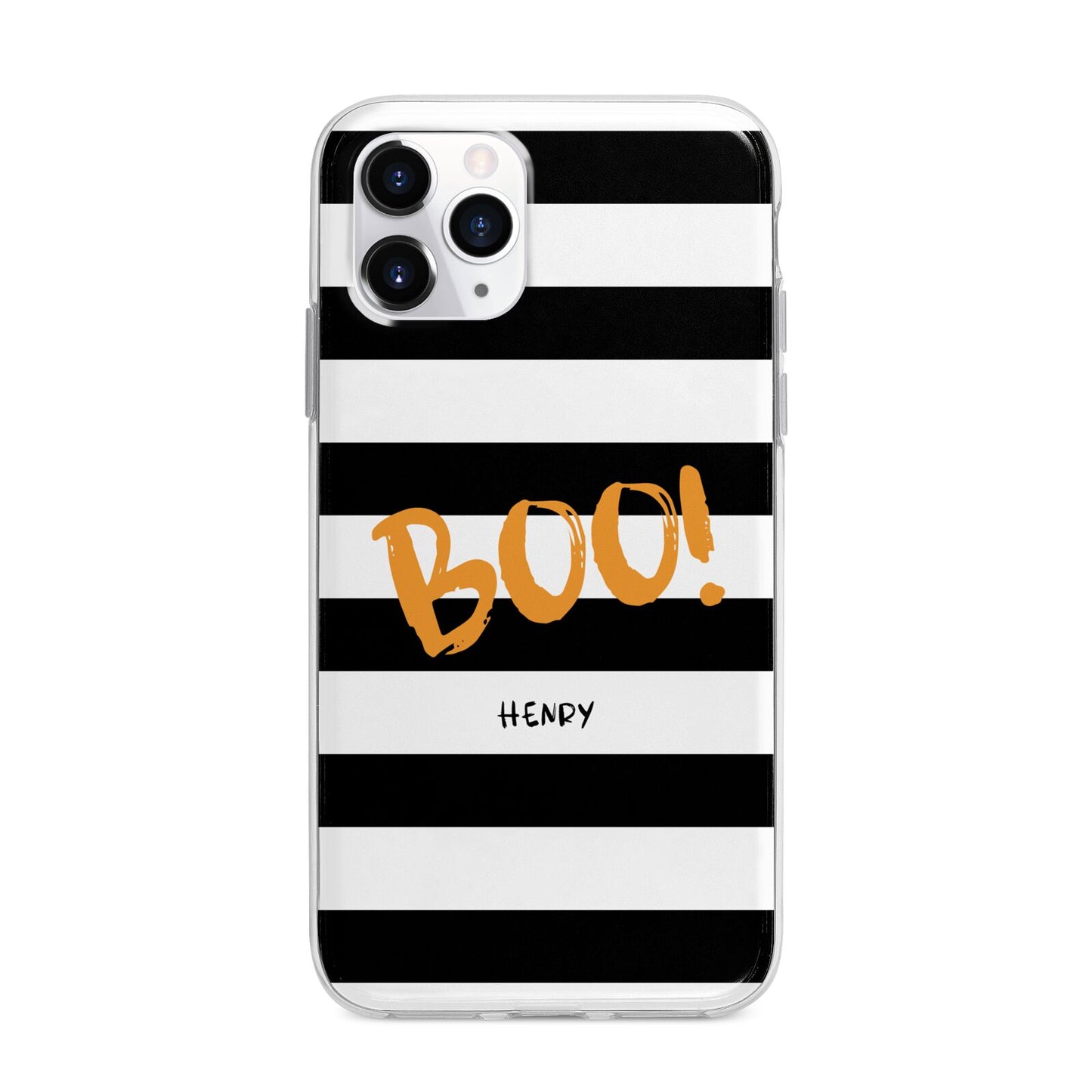 Black White Striped Boo Apple iPhone 11 Pro Max in Silver with Bumper Case