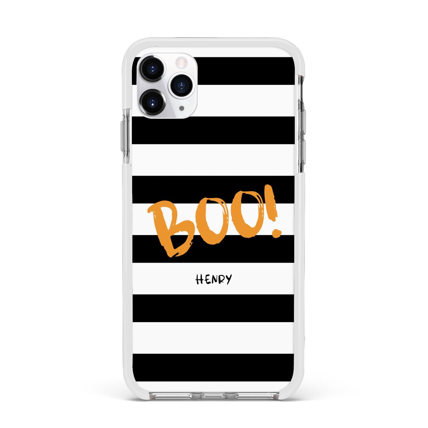Black White Striped Boo Apple iPhone 11 Pro Max in Silver with White Impact Case