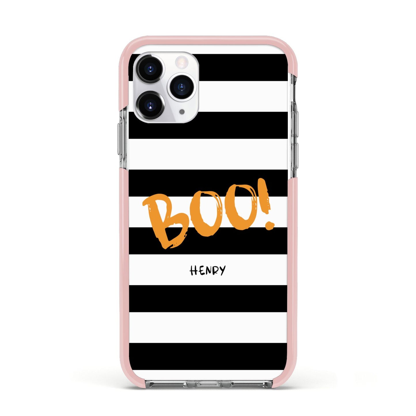 Black White Striped Boo Apple iPhone 11 Pro in Silver with Pink Impact Case