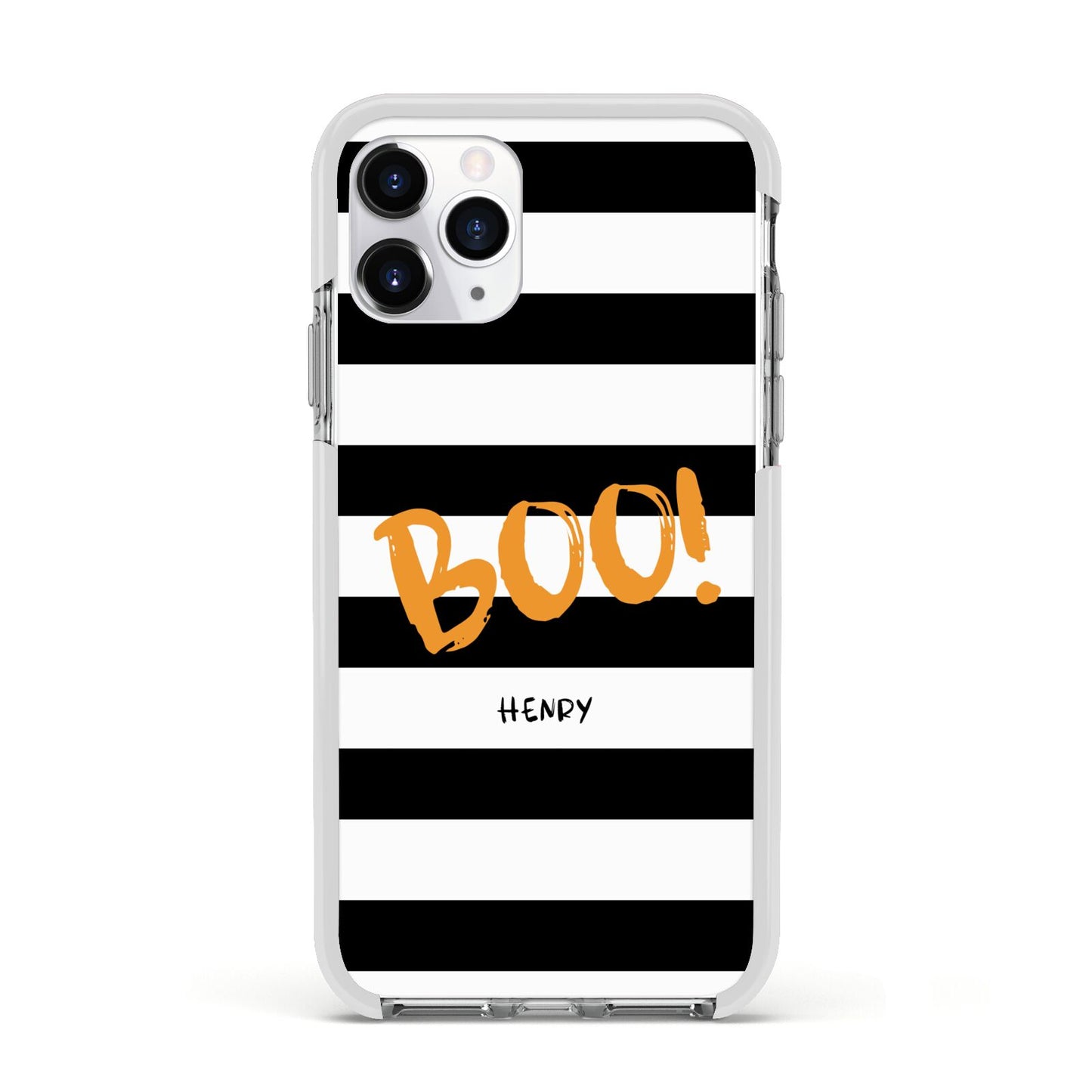 Black White Striped Boo Apple iPhone 11 Pro in Silver with White Impact Case