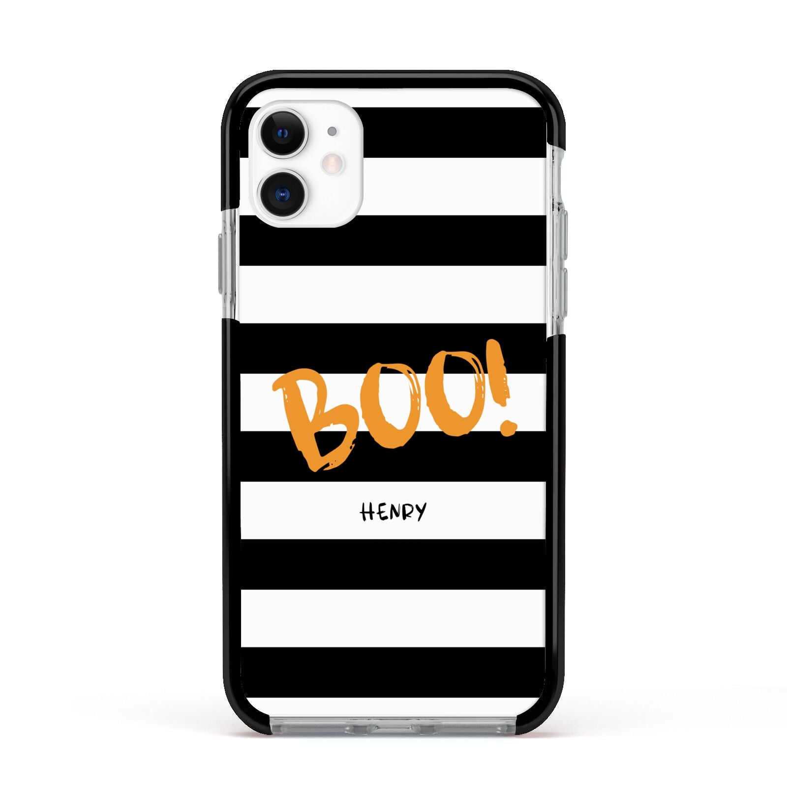 Black White Striped Boo Apple iPhone 11 in White with Black Impact Case