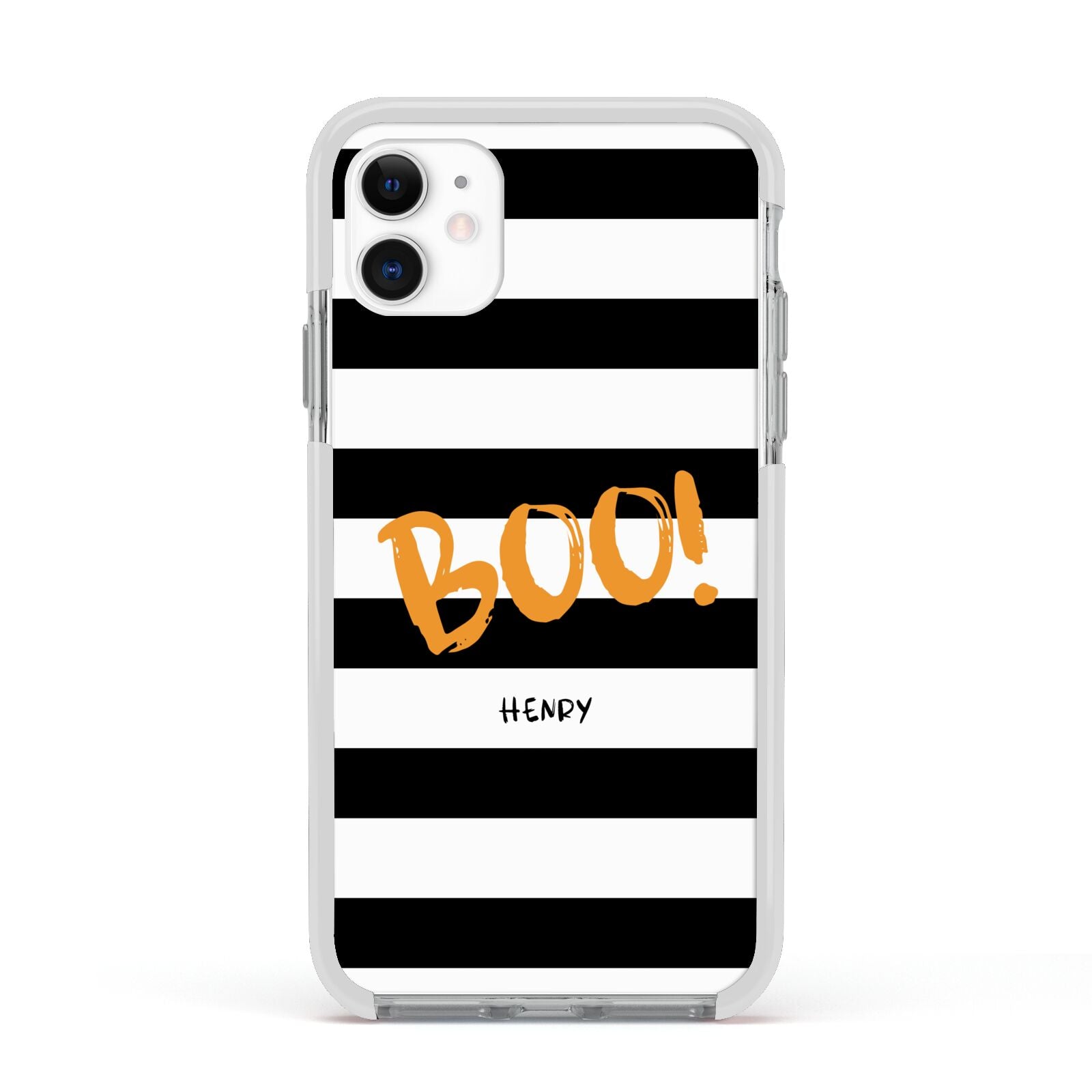 Black White Striped Boo Apple iPhone 11 in White with White Impact Case