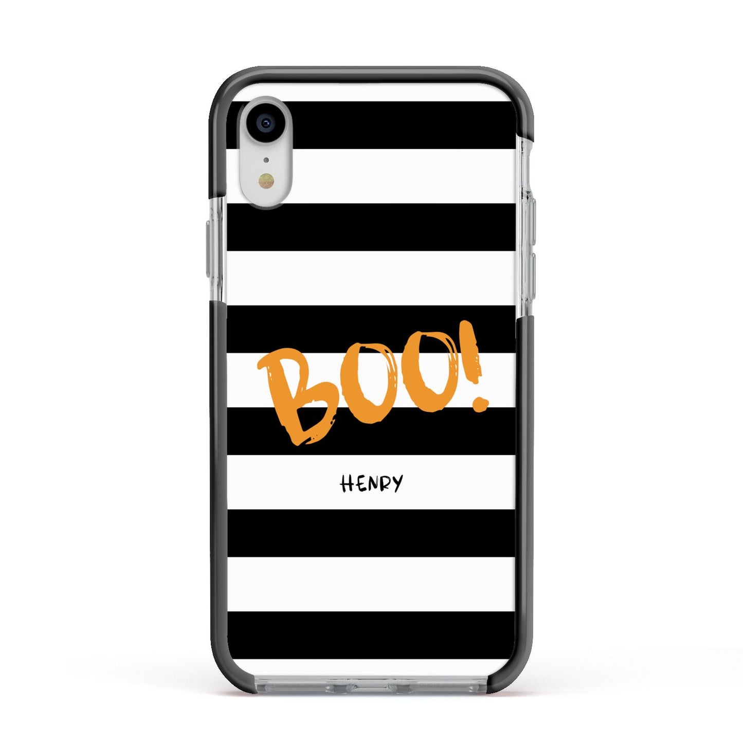 Black White Striped Boo Apple iPhone XR Impact Case Black Edge on Silver Phone
