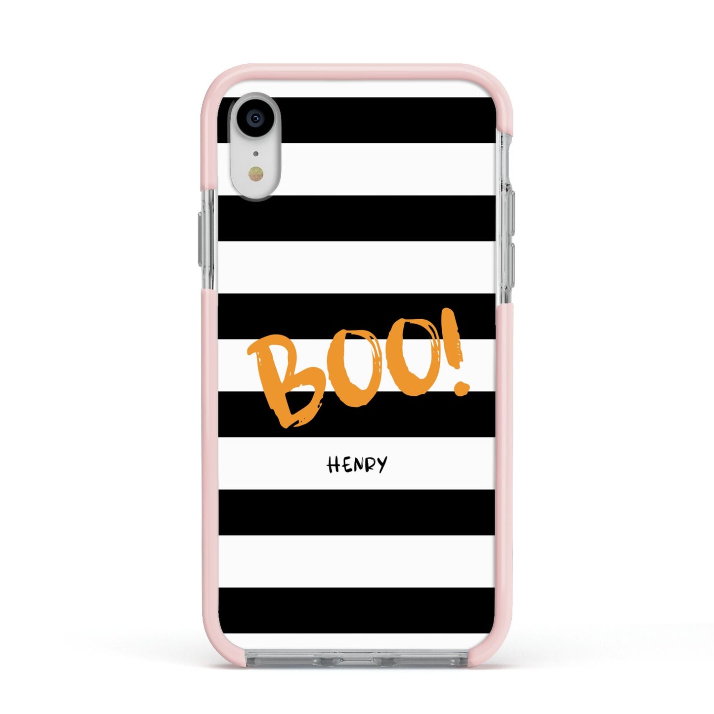 Black White Striped Boo Apple iPhone XR Impact Case Pink Edge on Silver Phone