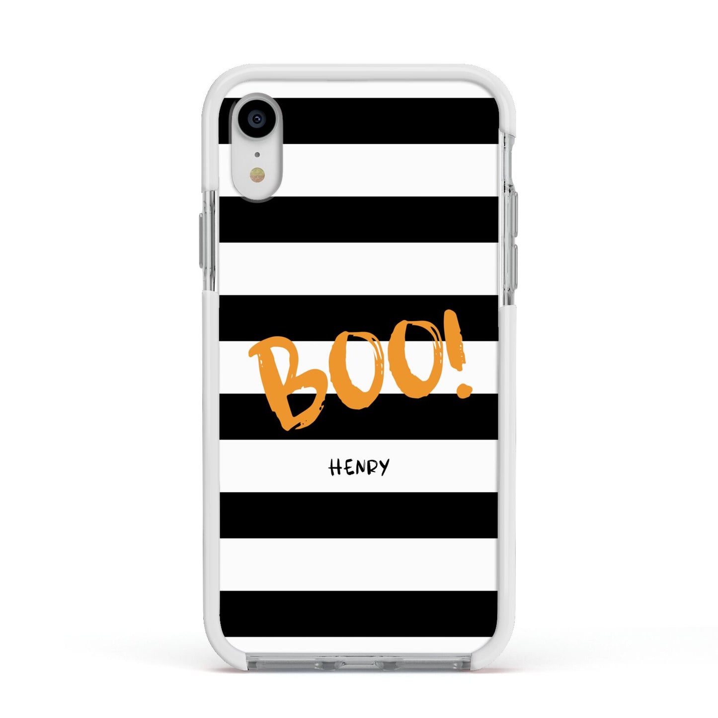 Black White Striped Boo Apple iPhone XR Impact Case White Edge on Silver Phone
