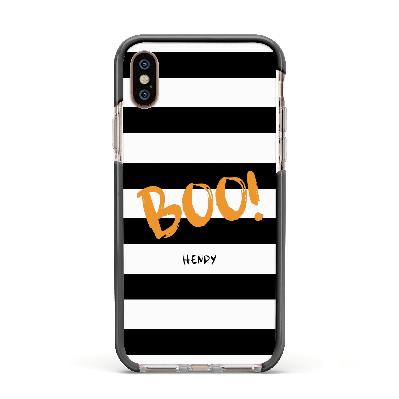 Black White Striped Boo Apple iPhone Xs Impact Case Black Edge on Gold Phone