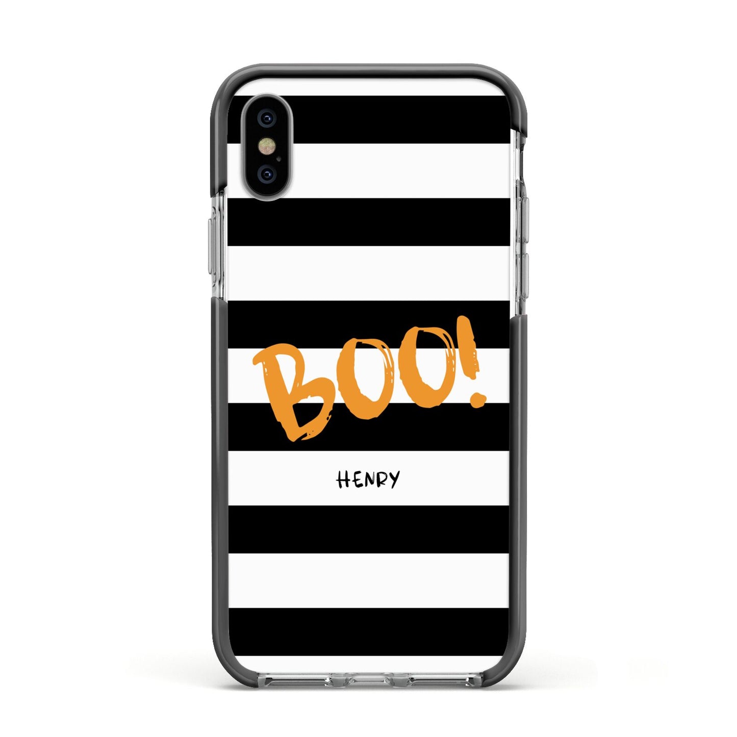 Black White Striped Boo Apple iPhone Xs Impact Case Black Edge on Silver Phone