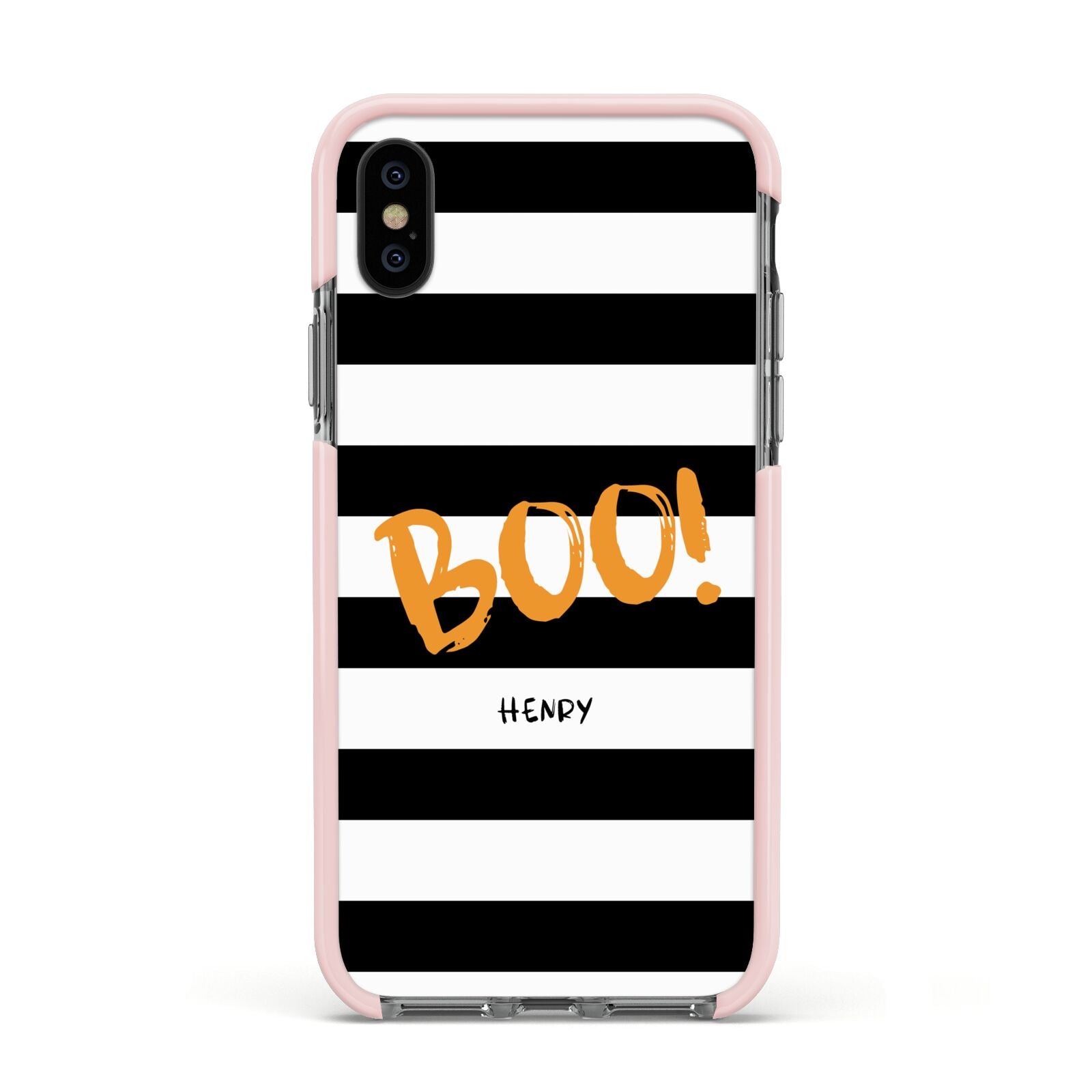 Black White Striped Boo Apple iPhone Xs Impact Case Pink Edge on Black Phone