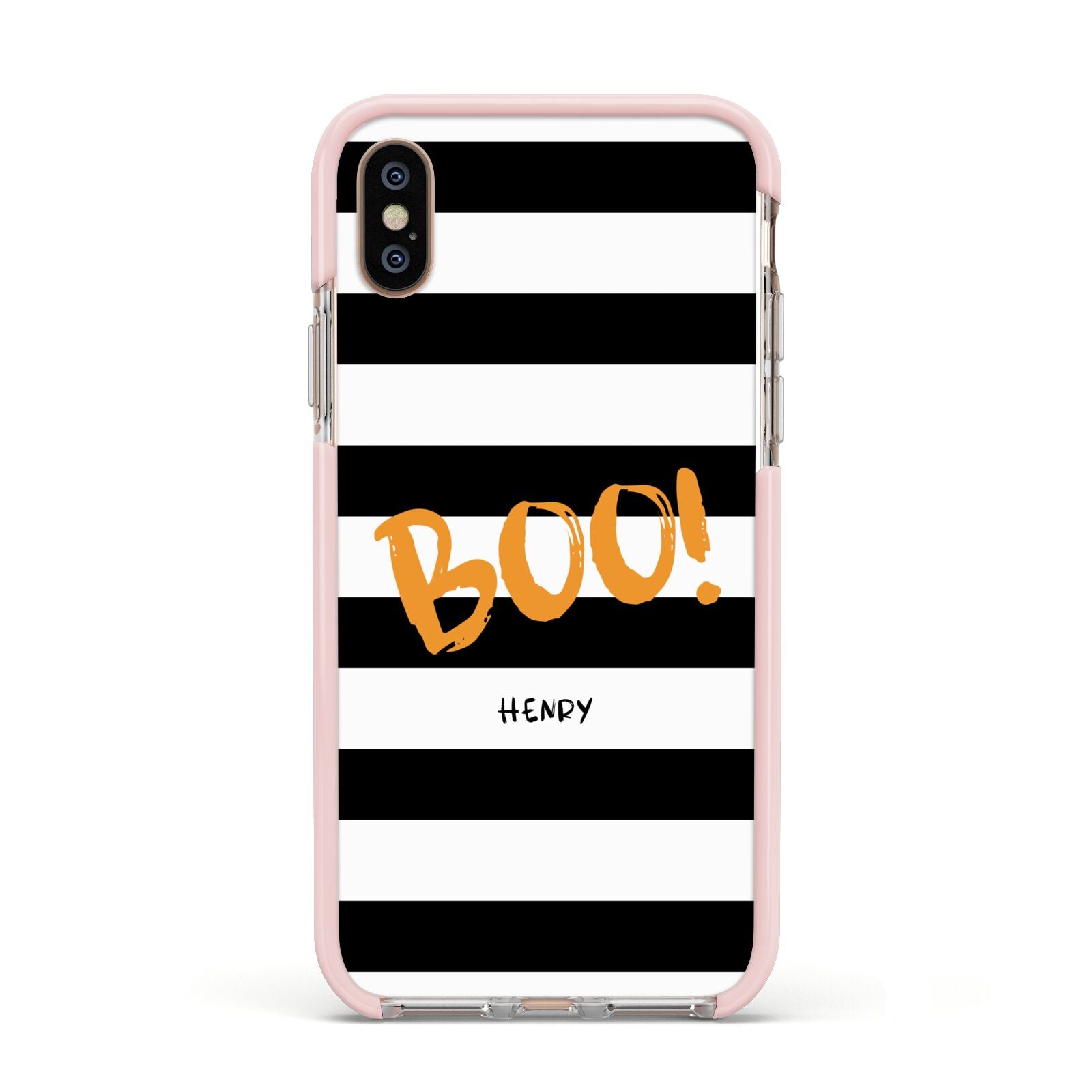 Black White Striped Boo Apple iPhone Xs Impact Case Pink Edge on Gold Phone